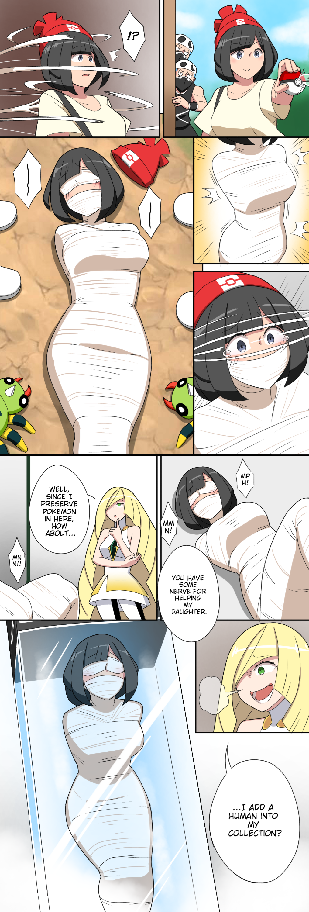 2girls blindfold bondage cocoon cocooned dominant_female dominatrix encasement female female_domination femdom gag gagged gagged_female imbsengirl kidnapped lusamine_(pokemon) mistress mummification mummified mummy mummy_wrappings pokemon pokemon_sm selene_(pokemon) spider_web spinarak