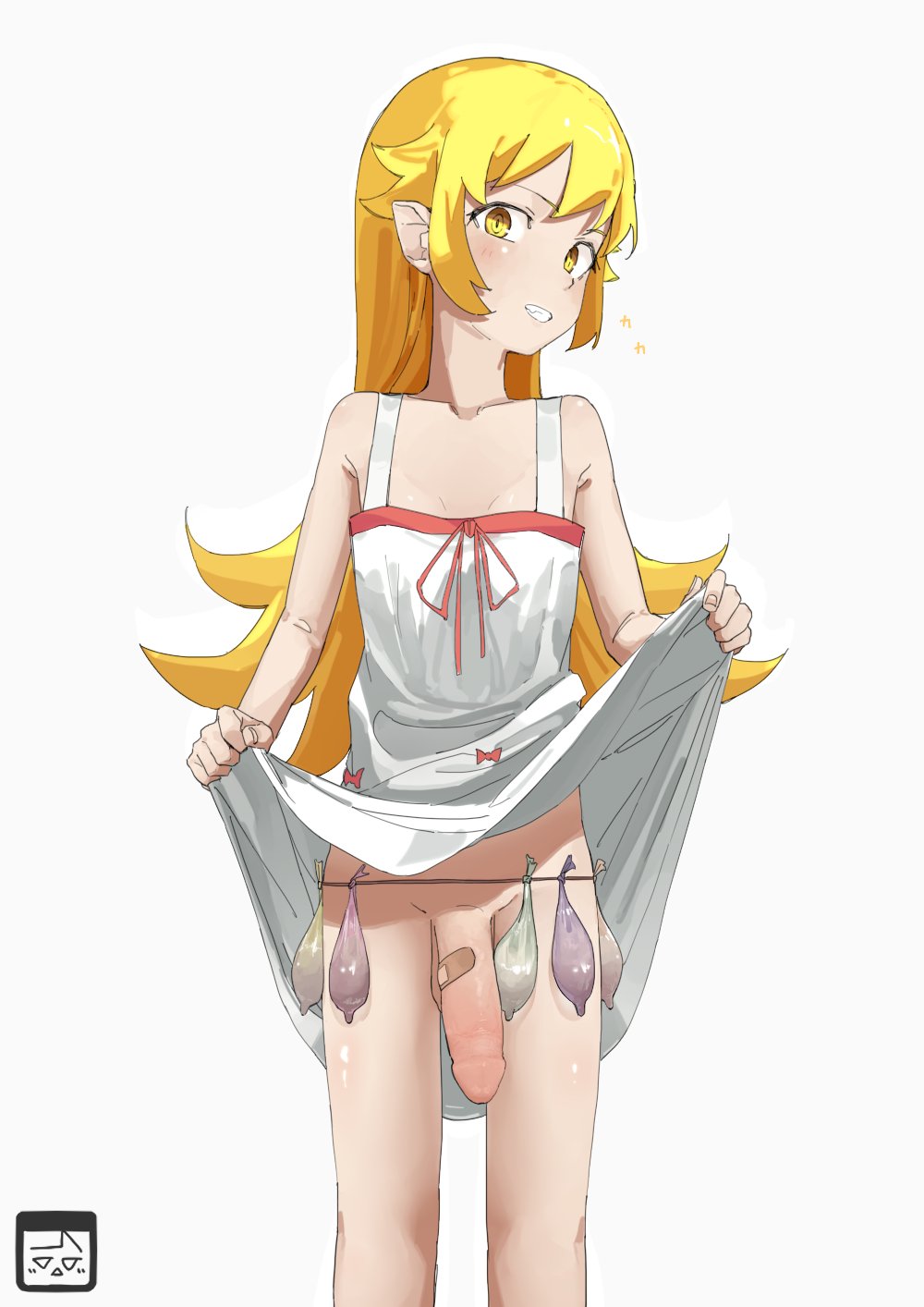 1futa bandaid bandaid_on_penis bare_arms blonde_hair bottomless clothed clothes_lift clothing condom condom_belt cum dress dress_lift flaccid futa_only futanari grin highres human lifted_by_self light-skinned_futanari light_skin long_hair looking_at_viewer monogatari_(series) mostly_clothed oshino_shinobu penis simple_background sleeveless sleeveless_dress small_but_hung smile solo standing straysecond uncensored used_condom white_background white_dress yellow_eyes