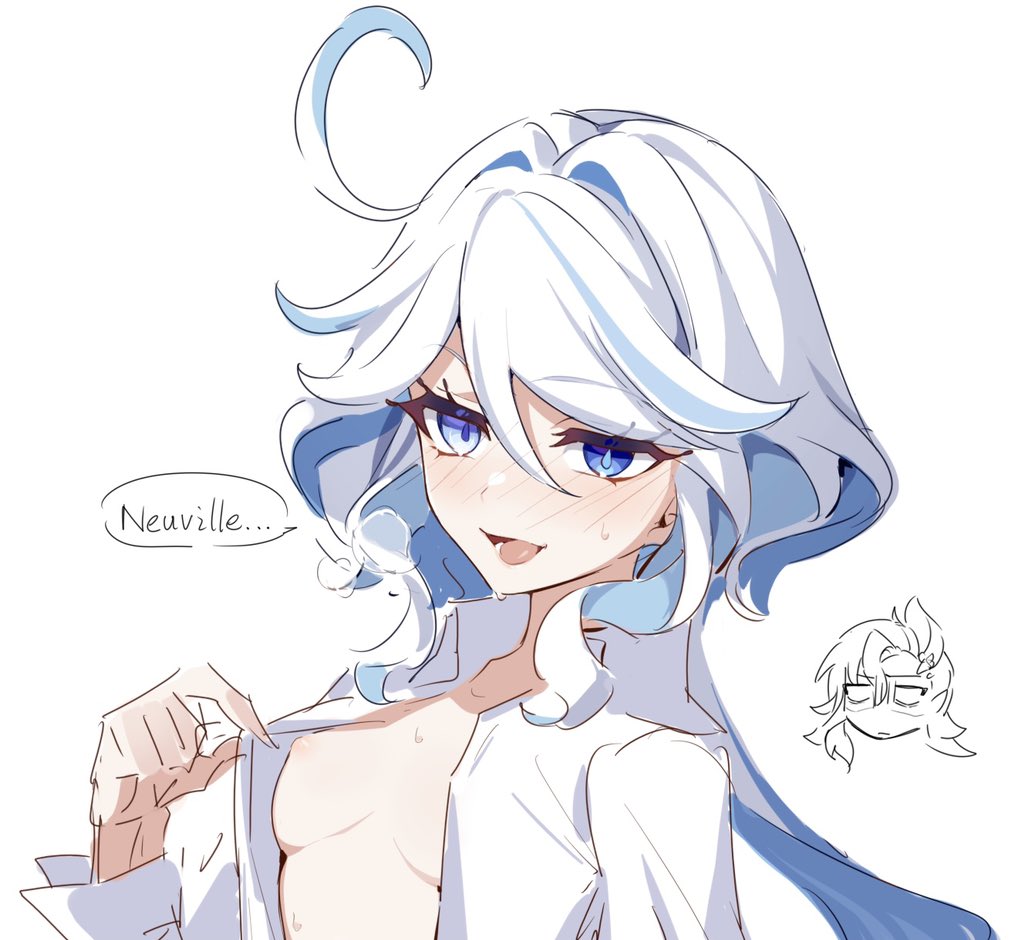 1boy1girl, 1girls, areola, artist request, blue eyes, blue hair, breasts, female, furina (genshin impact), genshin impact, horny female, neuvillette (genshin impact), shirt lift, small breasts, speech bubble, tagme