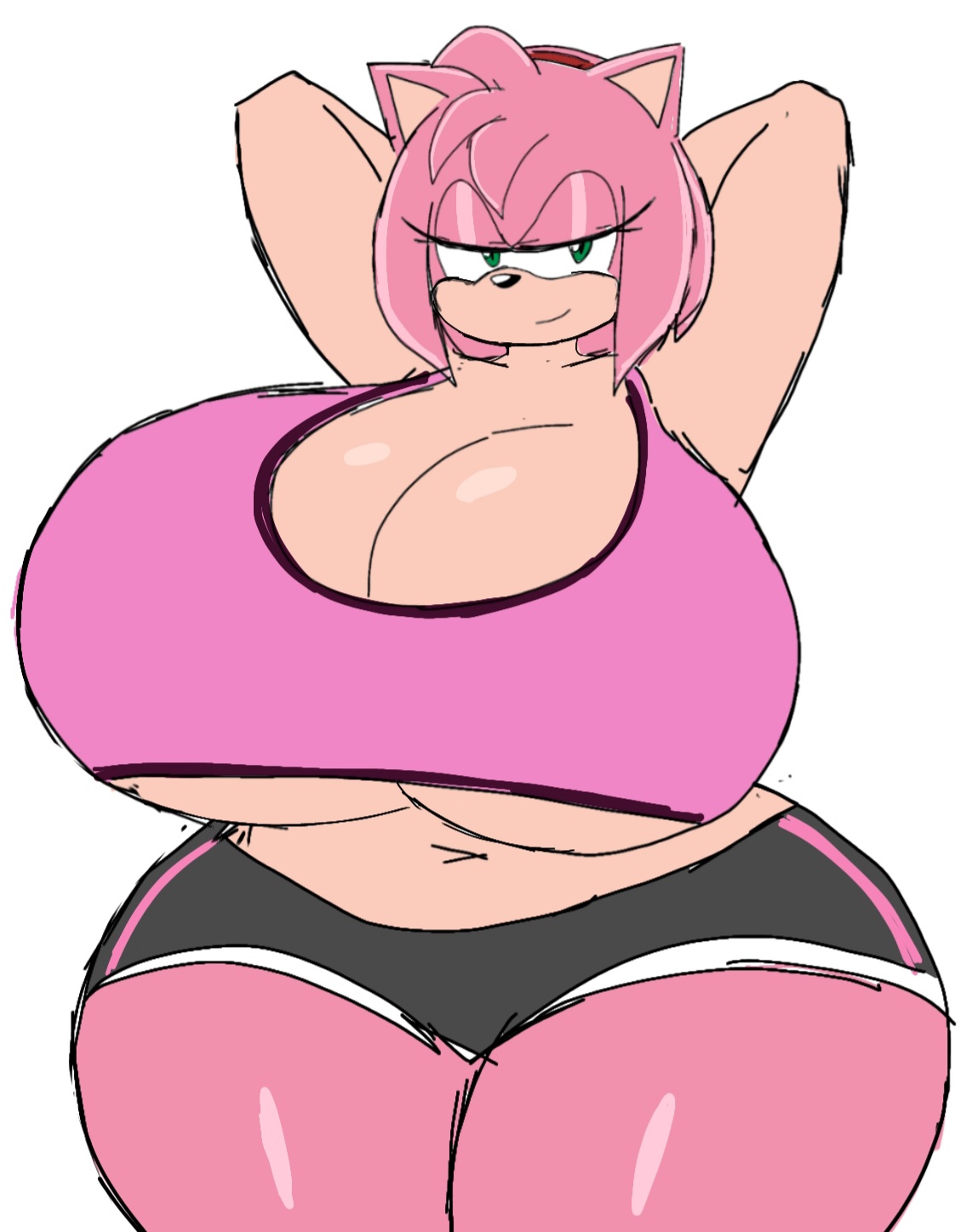 1girls, 2023, amy rose, anthro, armpits, ass, big ass, big breasts, boob window, breast focus, breasts, breasts bigger than head, cleavage, clothed, female, female only, huge ass, huge breasts, mobian (species), momiji (artist), navel, sega, sonic (series), sports bra, sportswear, underboob, wide hips
