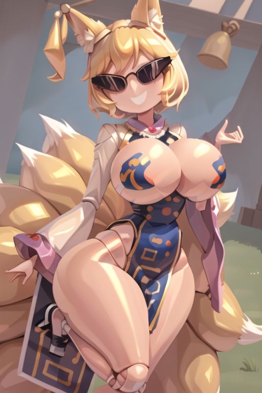 ai_generated armpits bimbo bimbo_body bimbofication bimbofied body_modification corset dollification female hourglass_figure huge_ass huge_breasts implied_transformation npg8993 panties permanent_smile ran_yakumo smile sunglasses sunnification thick_thighs thin_waist touhou transformation wide_hips