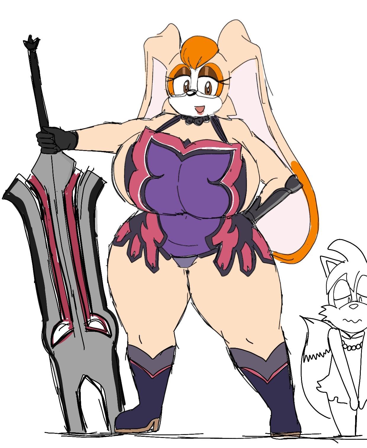 1boy, 1girls, 2023, anthro, ass, big ass, big breasts, boob window, boots, breasts, cattleya (cosplay), clothed, cosplay, embarrassed male, female, fur, furry, huge breasts, male, milf, mobian (species), momiji (artist), no bra, queen's blade, sega, sideboob, sonic (series), sonic the hedgehog (series), tails, tails the fox, vanilla the rabbit