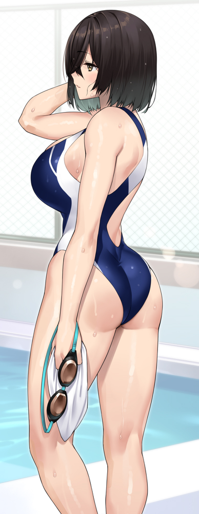 1girls behind_view black_hair competition_swimsuit full_body hazel_eyes heavenly_ass hourglass_figure huge_breasts mukai_seira_(sela_god) original sela_god short_hair sideboob solo_focus swimming_goggles swimsuit thick_thighs wet_body wet_hair wide_hips