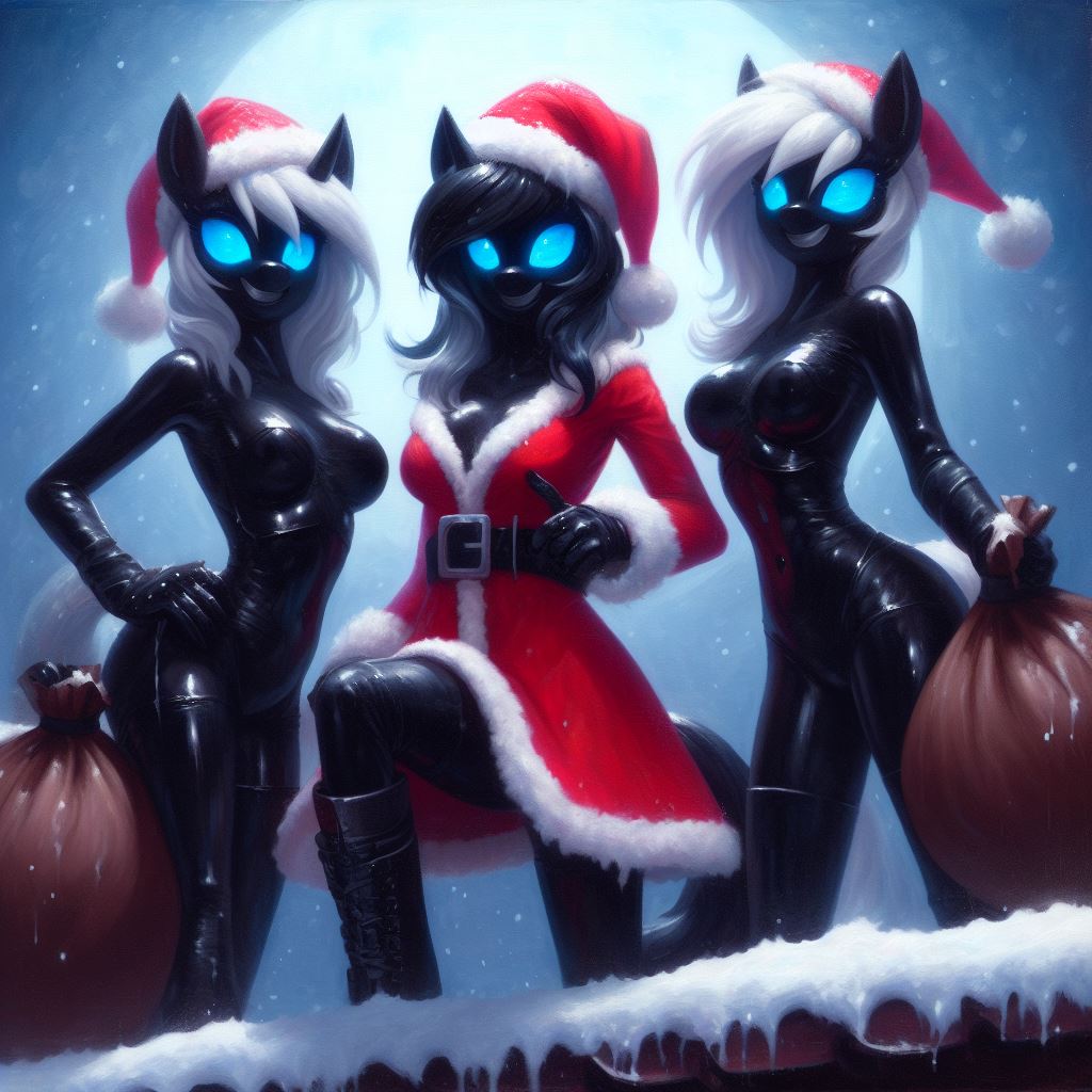 3girls ai_generated anthro christmas equine latex rubber rubber_creature rubber_suit