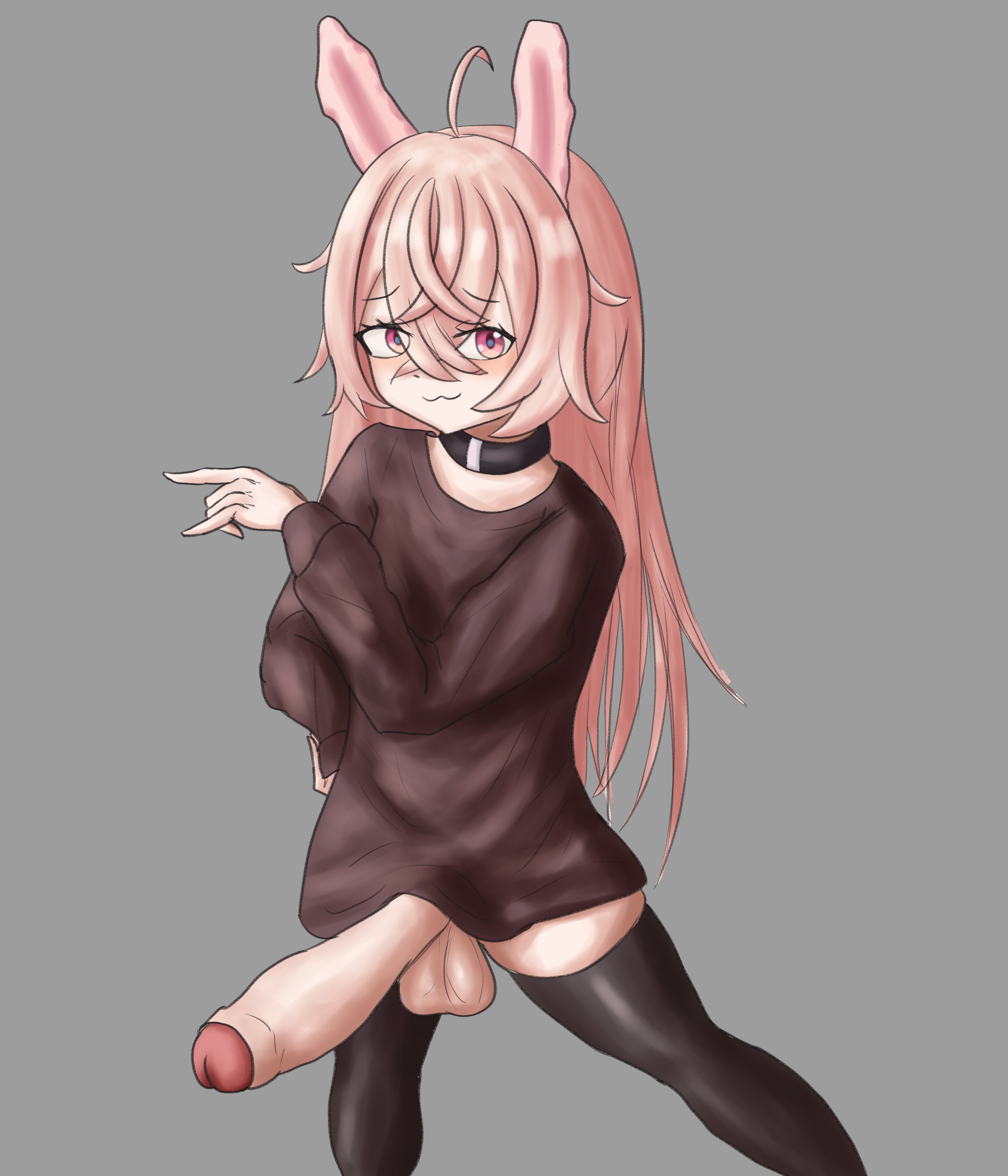 :3, 1futa, 2023, balls, black collar, black legwear, black neckwear, bottomless, breasts, brown shirt, brown topwear, bunny, bunny ears, bunny girl, bunnyfaqer, clothed, clothing, collar, devil horns (gesture), erection, female, foreskin, futa only, futanari, hair, huge cock, humanoid, humanoid penis, intersex, large penis, legwear, light skin, light-skinned futa, long hair, long penis, looking at viewer, mostly clothed, neckwear, new year, partially retracted foreskin, penis, phase connect, phaseorigins, pink eyes, pink hair, pipkin pippa, rabbit, rabbit ears, rabbit girl, retracted foreskin, shiny, shiny clothes, shiny legwear, shirt, simple background, smug, smug face, solo, standing, thighhighs, topwear, uncircumcised, uncut, virtual youtuber, vtuber