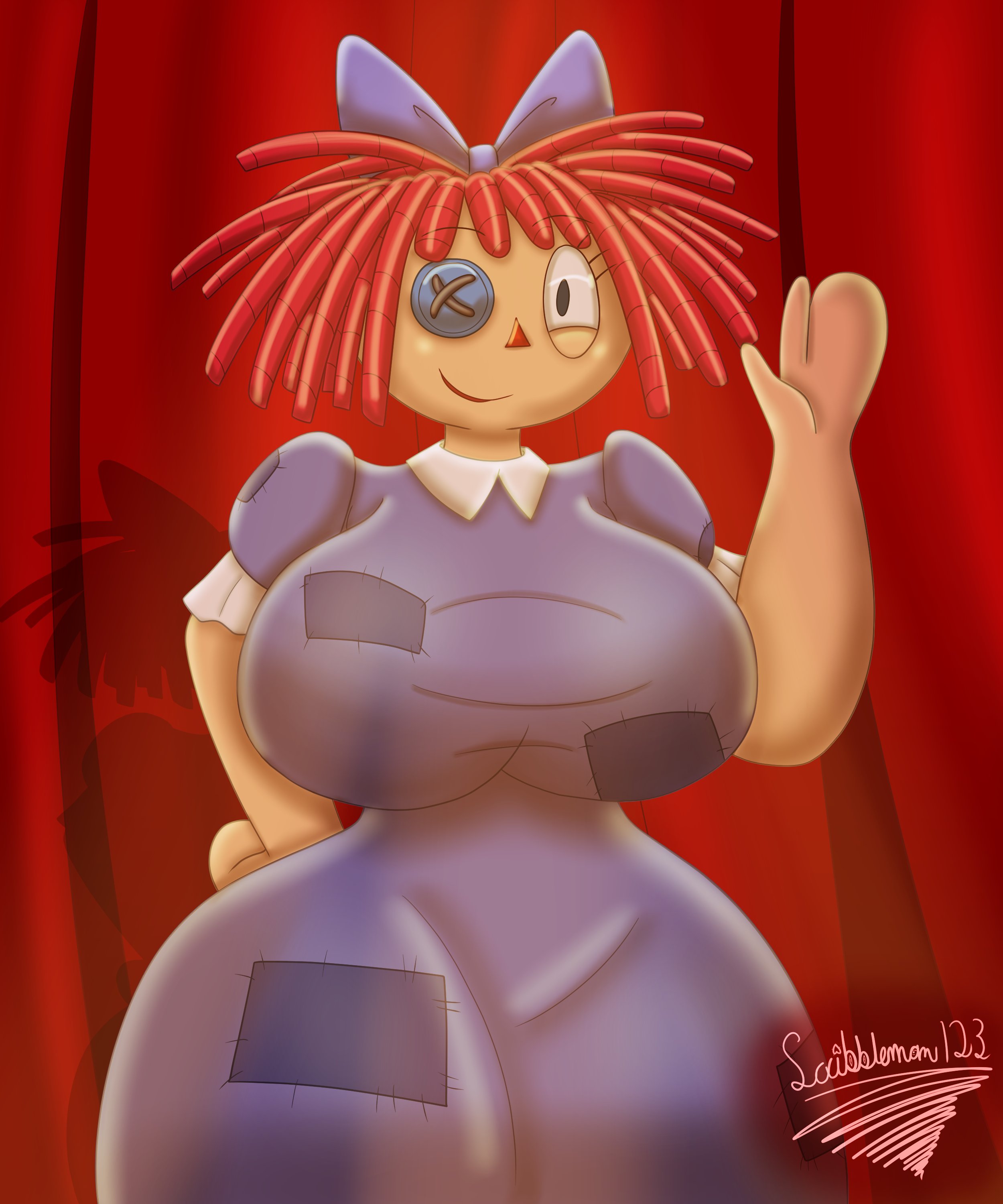 ass, big ass, big breasts, big thighs, bow tie, breasts, button eyes, doll, dress, female, gigantic breasts, huge ass, huge breasts, huge thighs, looking at viewer, ragatha (the amazing digital circus), red hair, ri0tgodz64, scribbleman123, smile, smiling, smiling at viewer, tagme, the amazing digital circus, thick hips, thick thighs, thighs