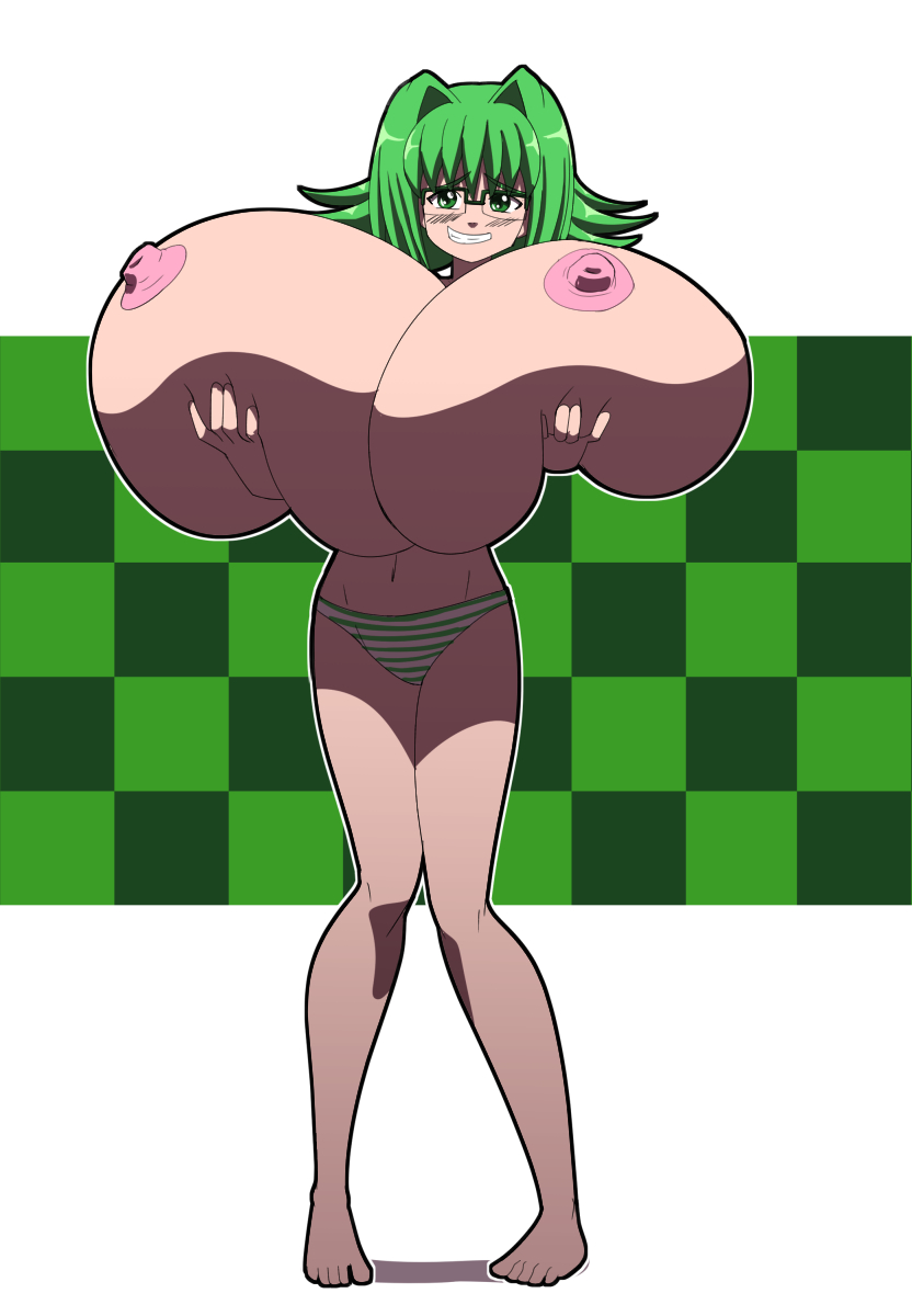 barefoot blush breast_expansion breasts_bigger_than_torso eiken exposed_brests female_only glasses green_eyes green_hair huge_breasts kojiro-brushard komon lifting_breasts panties_only solo striped_panties teacher top_heavy