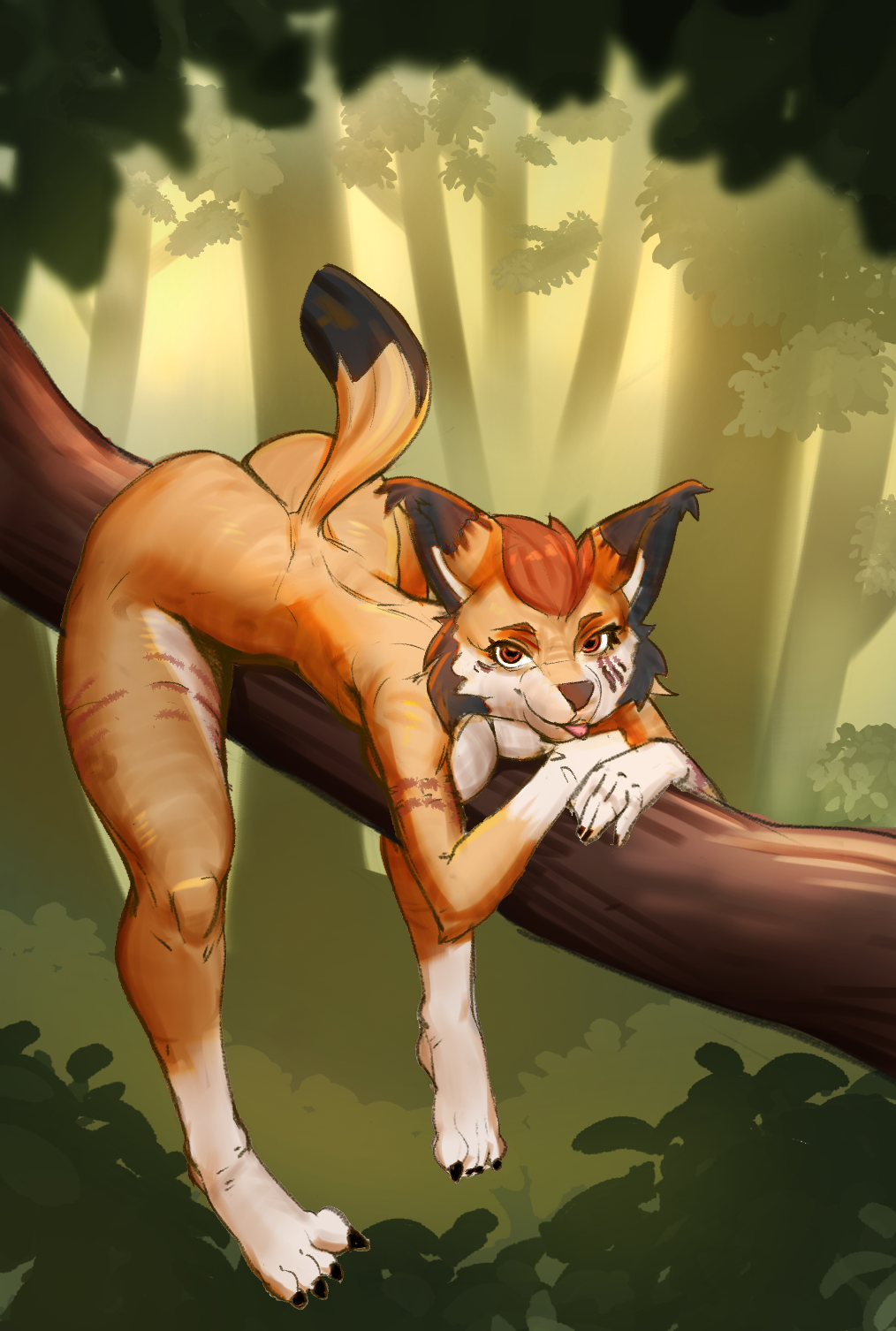 anthro ass breasts brown_body brown_eyes brown_fur brown_nose claws feet felid feline female fur lynx mammal plant reinecke solo tail toe_claws tongue tongue_out tree