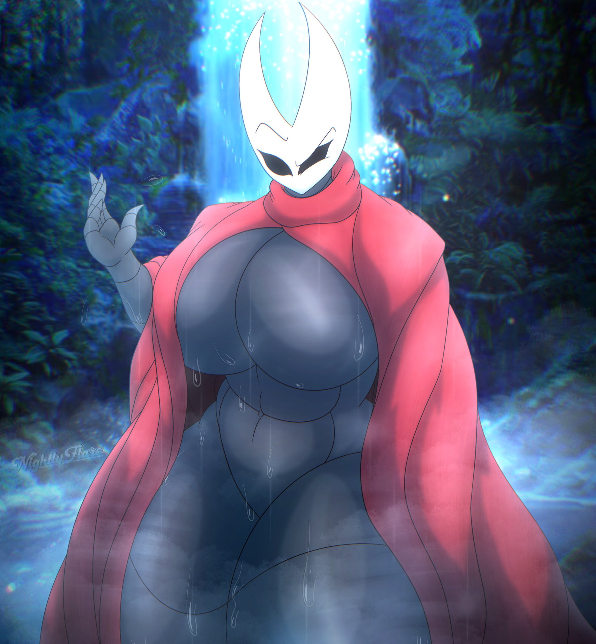 anthro, ass, big ass, big breasts, big thighs, black body, black skin, breasts, bug, dead source, female, gigantic ass, gigantic breasts, gigantic thighs, hollow knight, hornet (hollow knight), huge ass, huge breasts, huge thighs, insects, looking at viewer, nightlyflare, solid eyes, tagme, thick hips, thick thighs, thighs, water, waterfall, wet, wet body