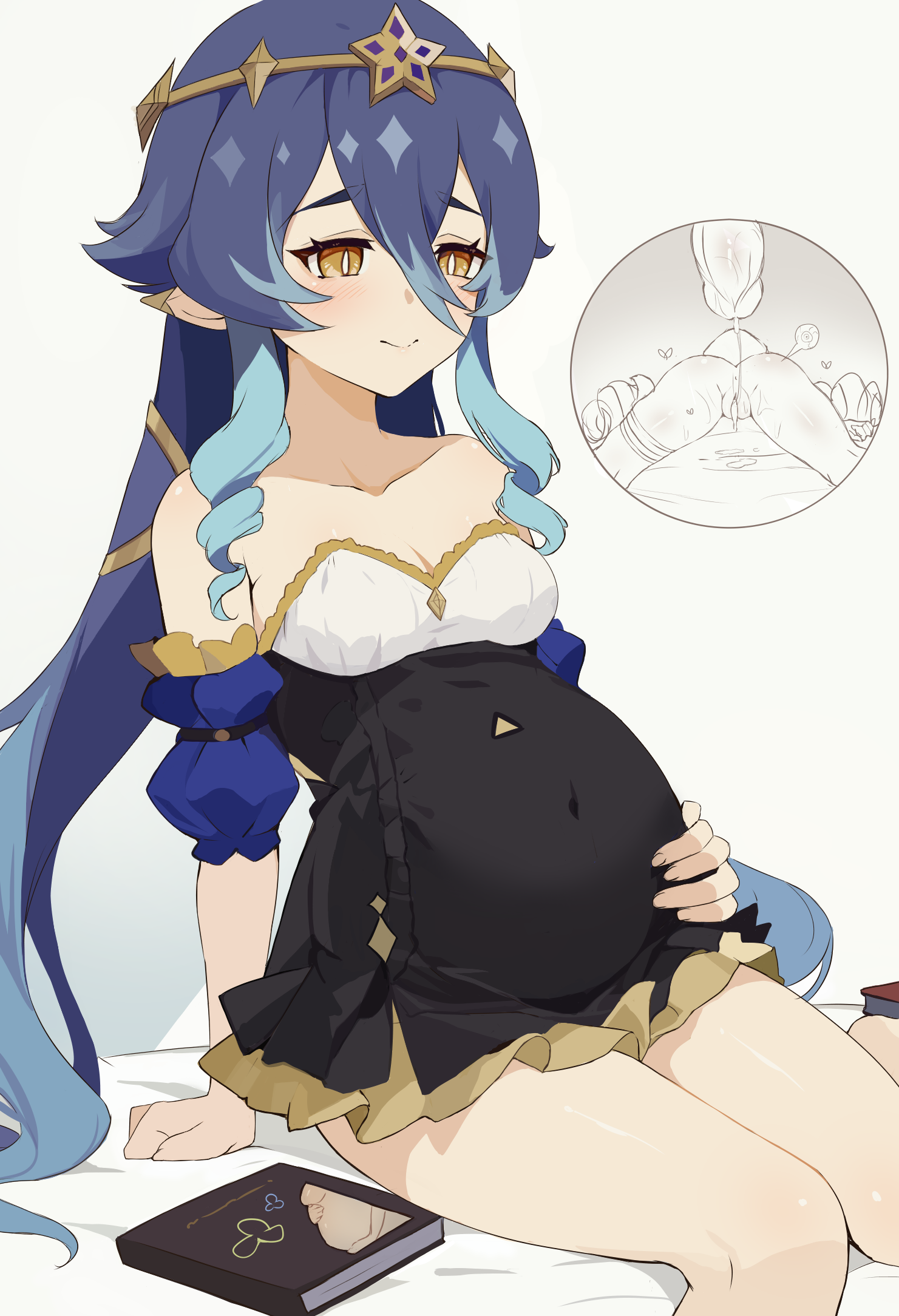 1girls, bare shoulders, before and during pregnancy, blue hair, books, breasts, chest, cleavage, clothes, collarbone, dress, female, female only, fertilization, genshin impact, hair accessory, hair between eyes, half-closed eyes, hand on belly, highres, impregnation, layla (genshin impact), legs, light blush, light skin, light-skinned female, long hair, ovum, pointy ears, pregnancy, pregnant, pregnant belly, pregnant female, rea loixacra, sitting, sitting on bed, small breasts, smile, solo, source request, sperm, sperm cell, sperm meets ovum, sumeru girls, uncensored, very long hair, white background, yellow eyes