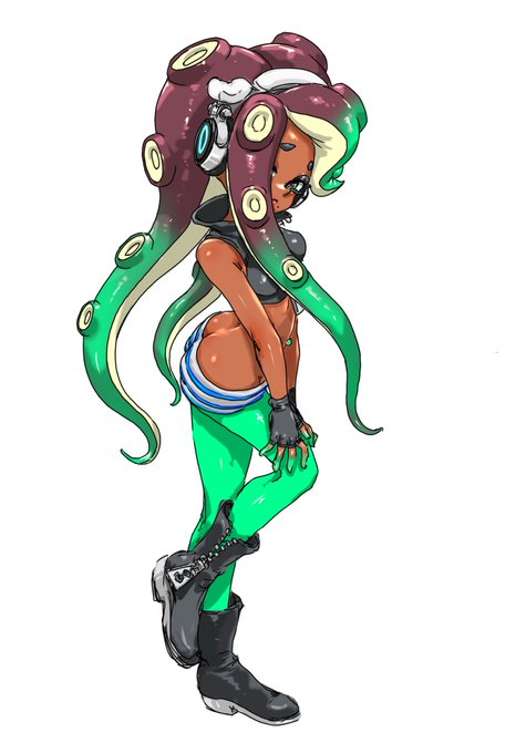 1girls 2d 2d_(artwork) ass_exposed boots butt_exposed dark-skinned_female female_only green_clothes headphones koharuno2 looking_at_viewer marina_(splatoon) midriff nintendo octoling octoling_girl seductive_pose solo_female splatoon splatoon_(series) splatoon_2 tentacle_hair thin_waist tubetop unusual_pupils