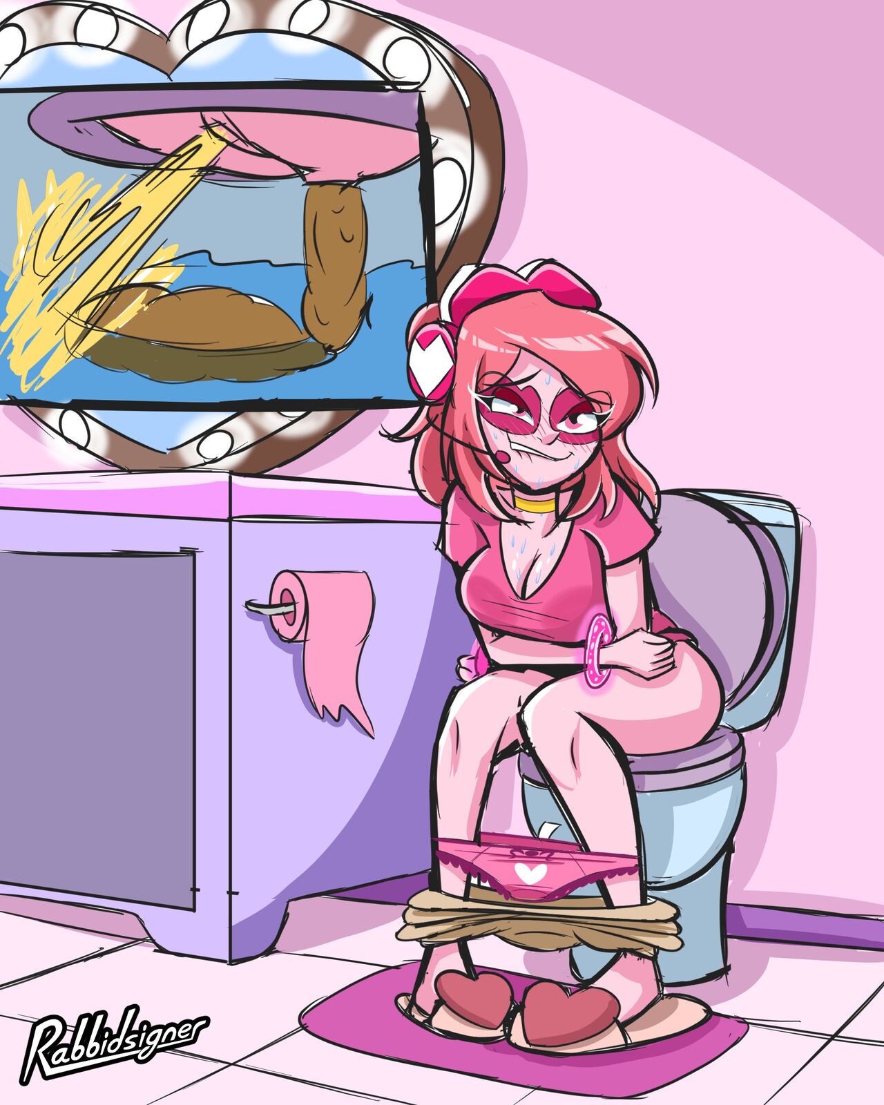 close-up female female_only miss_heed_(villainous) panties_down pants_down peeing pink_clothing pink_eyes pink_hair pink_panties pink_toilet_paper rabbidsigner relief scat straining sweat toilet toilet_use villainous