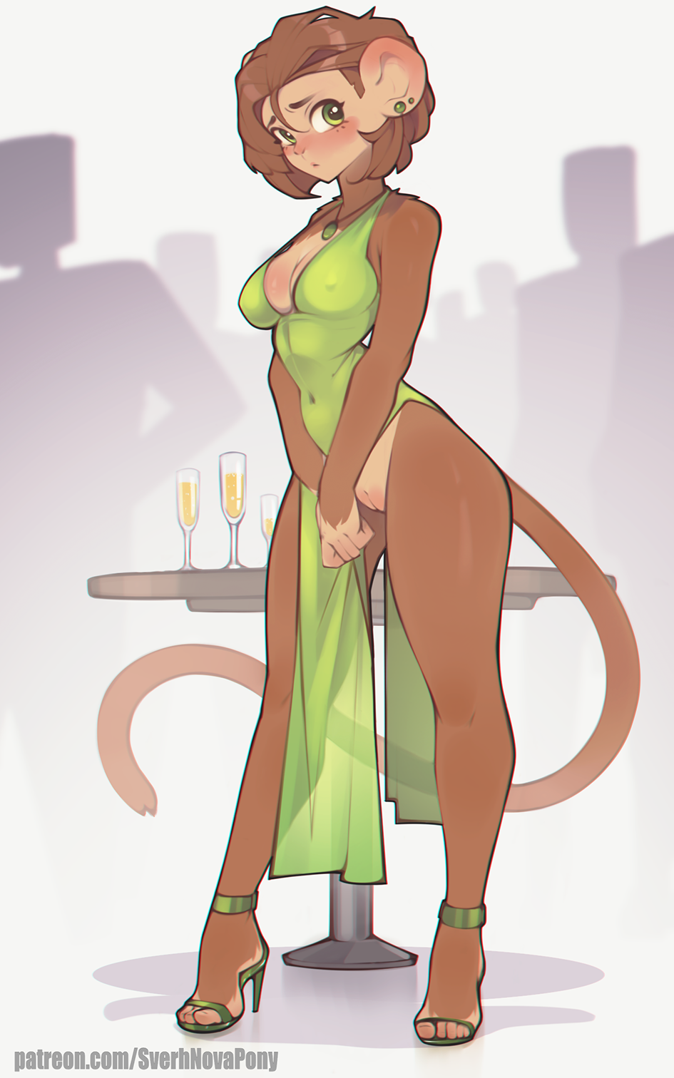 10:16 1girl 1girls alcohol anthro beverage bottomless brown_body brown_fur brown_hair champagne champagne_glass clothed clothing dress ear_piercing female footwear front_view fur furniture genitals green_clothing green_dress green_eyes hair haplorhine hi_res high_heels mammal monkey monkey_girl no_underwear piercing primate pulling_clothing pussy slit_dress solo standing stiletto_heels sverhnovapony table tail text url