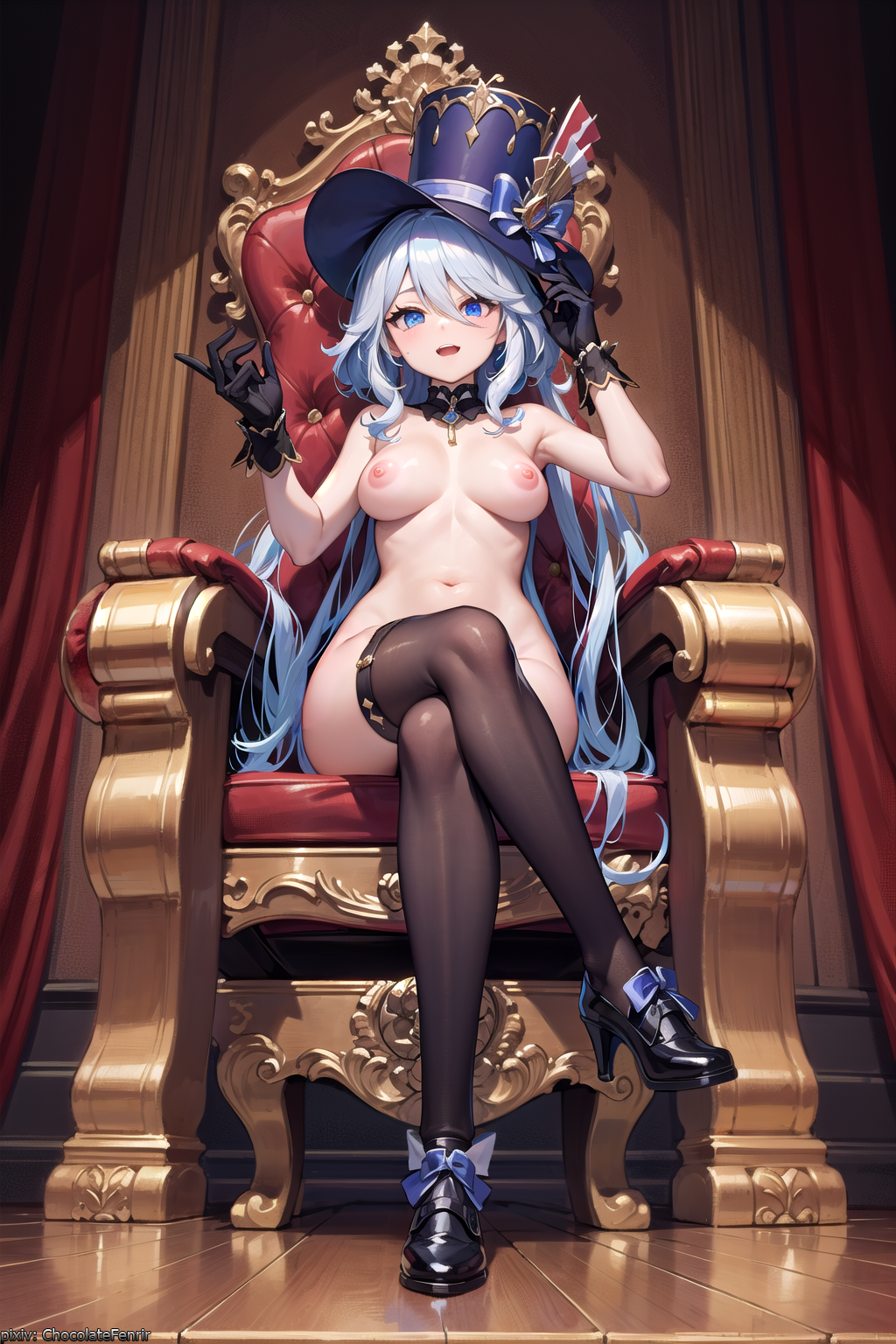 1girls, ai generated, black gloves, black shoes, black thighhighs, blue eyes, blue hair, blue hat, blue ribbon, breasts, crossed legs, female, furina (genshin impact), genshin impact, high heels, light blue hair, long hair, looking at viewer, medium breasts, navel, nipples, nude, open mouth, shoes, sitting, sitting on throne, thighhighs, throne, throne room, top hat, white hair