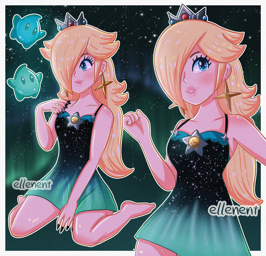 1girls 2d 2d_(artwork) aurora_borealis black_and_blue_dress black_nails blush crown different_poses ellenent female lipstick long_hair luma mario_(series) night night_dress night_sky nightgown nintendo northern_lights one-piece_dress painted_nails princess_rosalina sitting_on_knees small_breasts smile star_earrings super_mario_galaxy