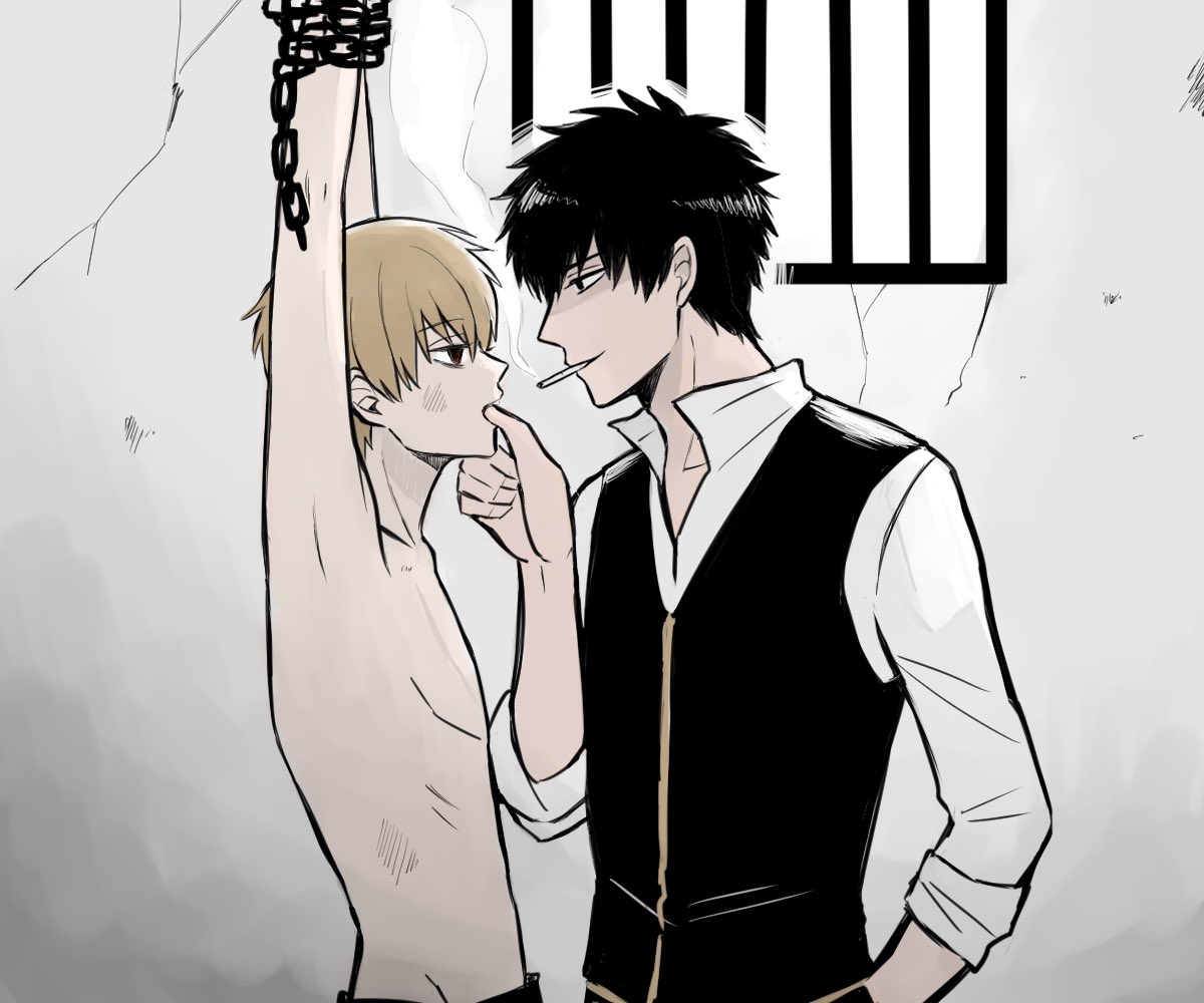 2boys, arms up, bishonen, black hair, broken rape victim, brown hair, chained, chains, cigarette, crea0708, empty eyes, gay, gintama, hijikata toshiro, light brown hair, male, male only, okita sougo, police uniform, prisoner, profile, restrained, shinsengumi (gintama), sleeves rolled up, smoking, topless, twink, yaoi
