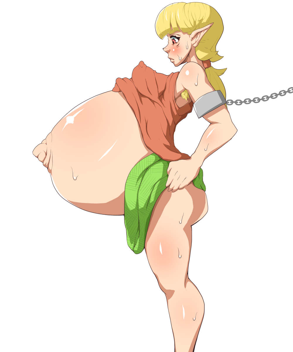 1girls ass belly big_belly big_breasts blonde_hair bondage breasts character_request disproportional female hyper_belly hyper_pregnancy koones nipple_bulge outie_navel pointy_ears pregnant pregnant_female shackles sweat the_legend_of_zelda