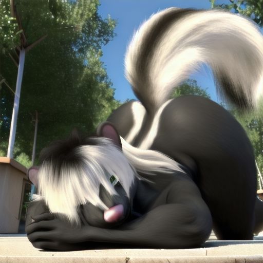 ai_generated anthro black_body black_fur dreamworks green_eyes head_down_ass_up huge_ass looking_at_viewer mammal over_the_hedge public skunk stella_(over_the_hedge) two_tone_tail white_hair