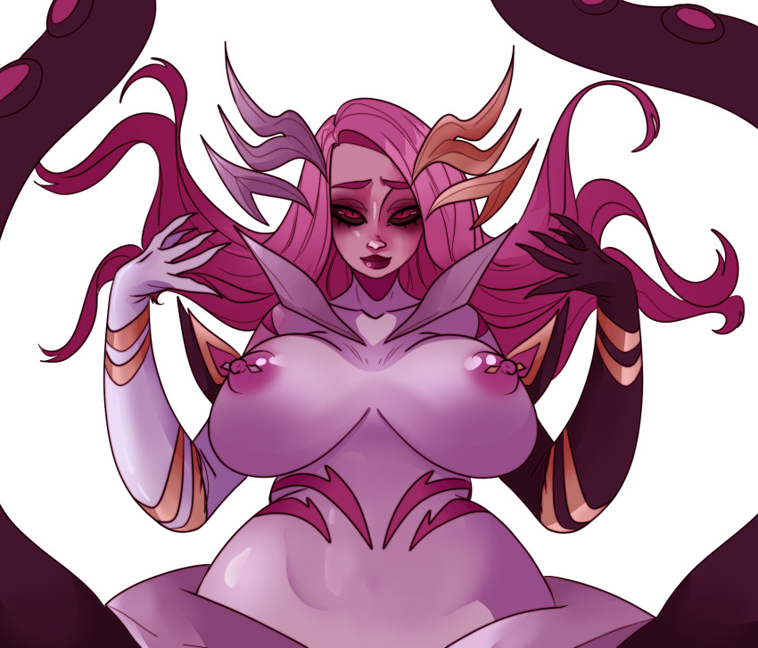 big_breasts breasts breasts closed_mouth collarbone coven_nami eclipse_series female female_only huge_breasts league_of_legends long_hair looking_at_viewer monster_girl nami_(league_of_legends) nipple_piercing nipples octopus piercing red_eyes simple_background solo tentacle