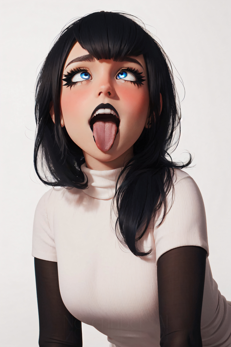 1girls, ahe gao, ahegao, ahegao face, ai generated, bangs, big breasts, black hair, black lips, black lipstick, blue eyes, blushing, breasts, clothed, clothes, clothing, cute, cute face, disney, emo, eyebrows, eyelashes, female, fringe, fully clothed, glowing eyes, goth, goth girl, gothic, hotel transylvania, hotel transylvania: the series, lips, lipstick, long hair, looking at viewer, looking up, love, makeup, mavis dracula, medium hair, milf, mind break, mommy, mother, mouth fetish, narrowed eyes, open mouth, oral, pale-skinned female, petite, pose, purapura, sharp teeth, shiny eyes, short hair, short sleeves, slim, small fringe, solo, sony corporation, sony pictures animation, straight hair, teenager, teeth, tongue, tongue out, turtleneck, turtleneck sweater, vampire, vampire girl, wavy hair, white background, white clothing