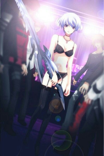 1girls 4boys backlighting black black_bra black_panties bra chaos;head drum_set dutch_angle facing_viewer full_body garter_straps indoors kishimoto_ayase lens_flare light-skinned_female looking_at_viewer low_res lowres navel necklace official_art panties petite petite_body petite_female petite_girl short_hair skinny skinny_female skinny_girl skinny_waist small_breasts solo_focus stage_lights standing thighhighs underwear underwear_only weapon white_hair