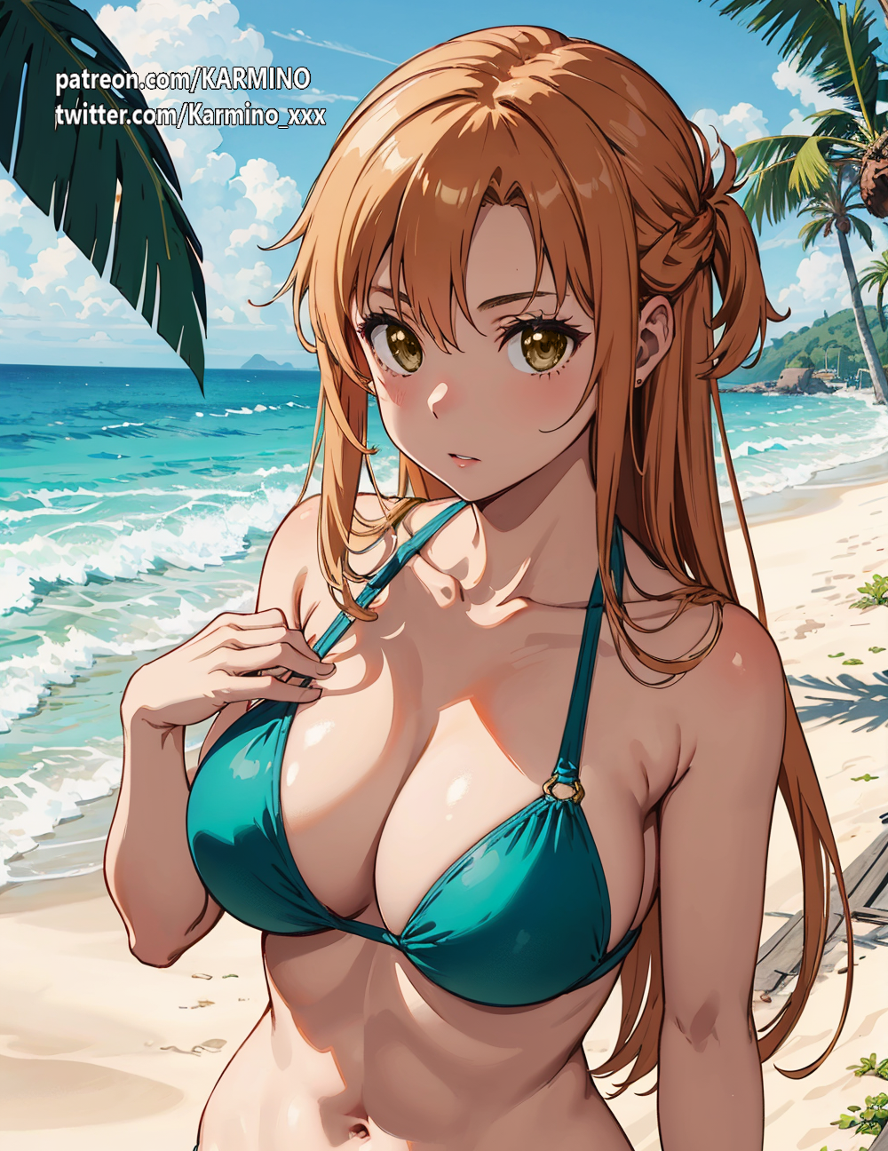 ai_generated anime anime_style beach big_breasts bikini brown_eyes brown_hair female green_bikini karmino sword_art_online voluptuous_female yuuki_asuna