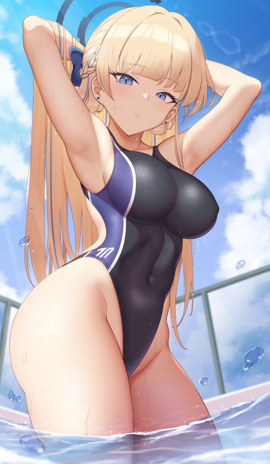 1girls armpits arms_behind_head big_breasts blonde_hair blue_archive blue_eyes breasts busty cleaning_&_clearing_(blue_archive) covered_navel female female_only highres large_breasts legs long_hair looking_at_viewer millennium_science_school_student one-piece_swimsuit pool pose posing sensual sexy_armpits solo swimsuit thick_thighs thighs toki_(blue_archive) very_long_hair water wet yasojima_nejiro