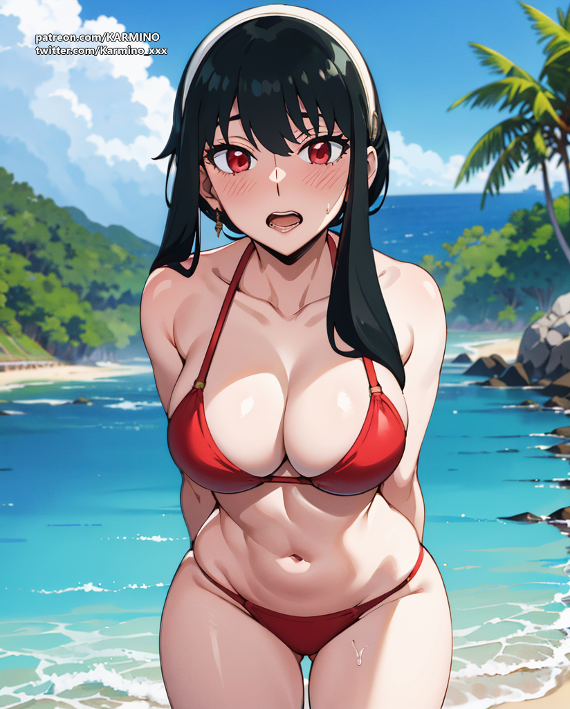 1girls ai_generated beach big_breasts bikini black_hair female female_only fit_female karmino light-skinned_female light_skin red_eyes solo_female spy_x_family voluptuous_female yor_briar yor_forger