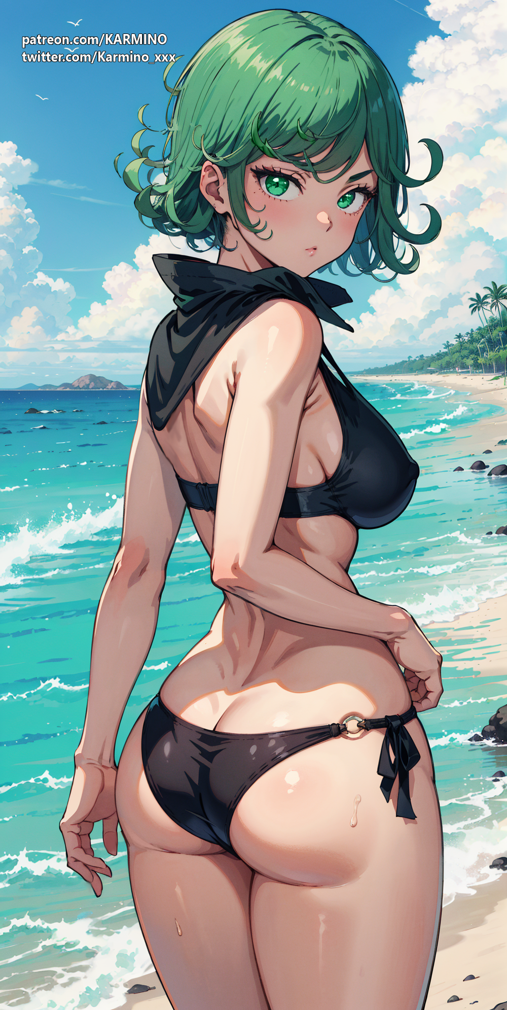 1girls ai_generated ass ass_view bikini black_bikini female female_only green_eyes green_hair karmino one-punch_man solo tatsumaki viewed_from_behind