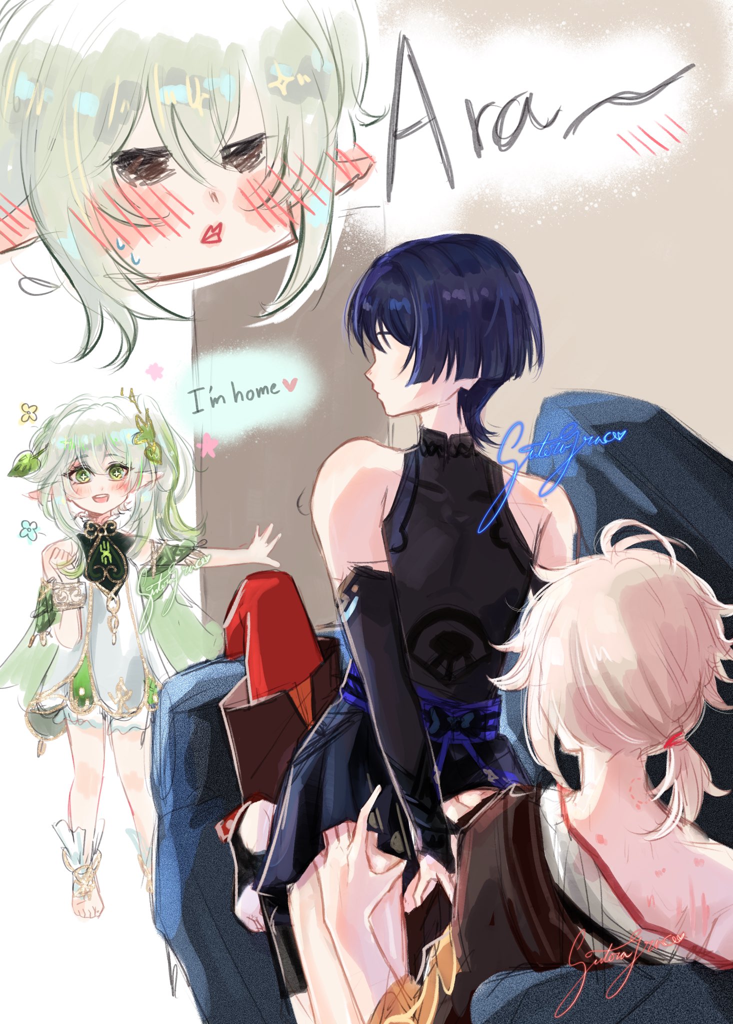1girls, 2boys, blush, caught, caught in the act, english text, female, femboy, gay, genshin impact, girly, kaedehara kazuha, male, nahida (genshin impact), on couch, on top, scaramouche (genshin impact), yaoi