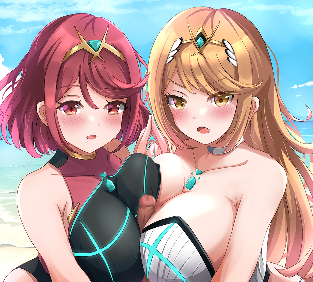 2girls asymmetrical_docking beach blonde_hair blue_sky blush breast_press breasts censored core_crystal core_crystal_(xenoblade) double_paizuri hair_ornament large_breasts long_hair looking_at_viewer mosaic_censoring multiple_girls mythra mythra_(radiant_beach)_(xenoblade) mythra_(xenoblade) open_mouth penis pyra pyra_(pro_swimmer)_(xenoblade) pyra_(xenoblade) red_eyes red_hair ryunosu1111 short_hair sky swimsuit water xenoblade_(series) xenoblade_chronicles_(series) xenoblade_chronicles_2 yellow_eyes