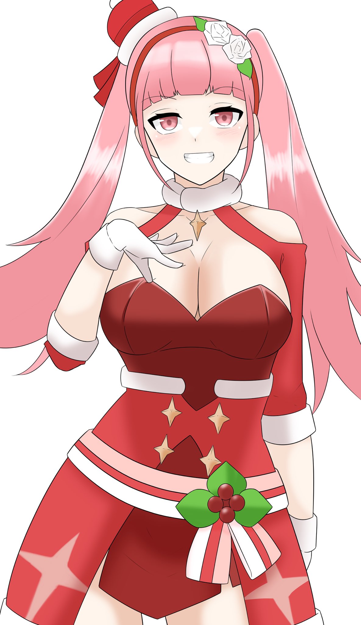 1girls alternate_costume bangs bare_thighs breasts christmas cleavage female female_only fire_emblem fire_emblem:_three_houses fire_emblem_heroes gloves grin hand_on_own_chest hat hilda_valentine_goneril hilda_valentine_goneril_(winter) large_breasts long_hair looking_at_viewer maplesugar7324 nintendo official_alternate_costume pink_eyes pink_hair ponytail skirt smile solo thighs twintails very_long_hair