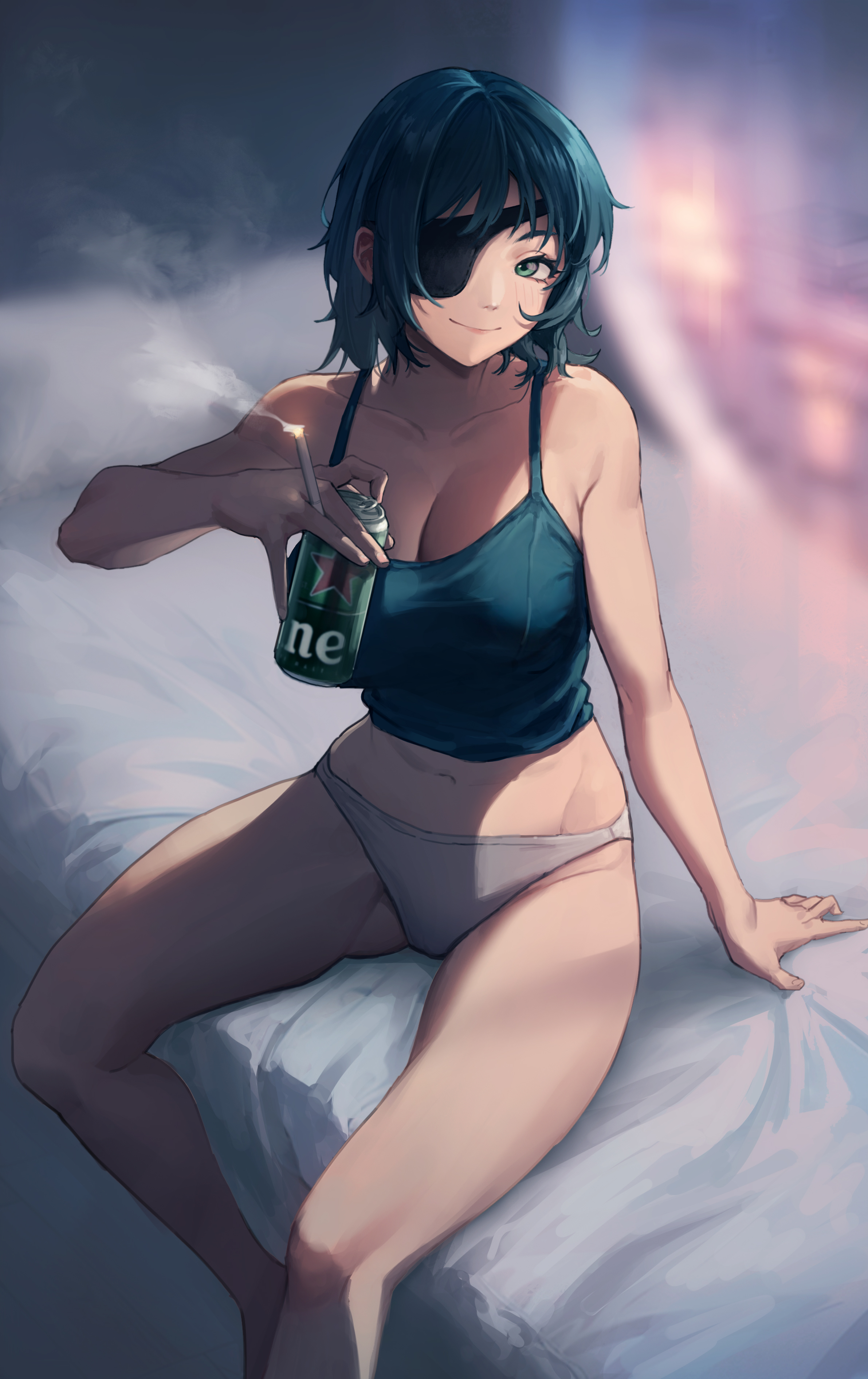 1girls, ass visible through thighs, beer, big breasts, breasts, chainsaw man, cleavage, female, female only, heineken, himeno (chainsaw man), light skin, light-skinned female, looking at viewer, mappa, panties, pov, sanma, smile, smiling at viewer, thick thighs, wholesome