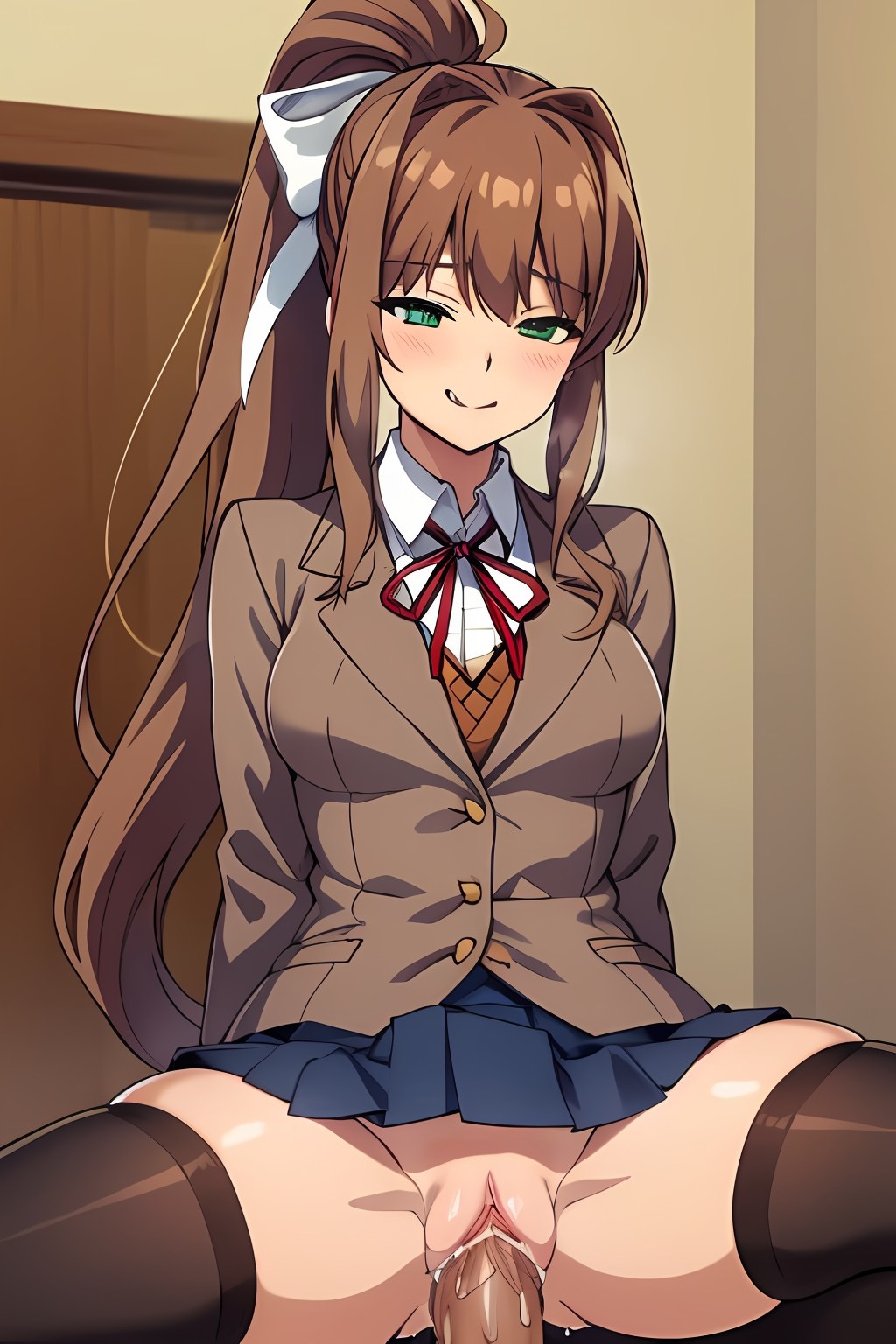 ai generated, black thighhighs, blazer, blue skirt, brown hair, clothed, clothed sex, cowgirl position, doki doki literature club, female, green eyes, hair ribbon, half-closed eyes, licking lips, long hair, monika (doki doki literature club), ponytail, pussy, school uniform, smile, vaginal penetration, white ribbon, yodayo
