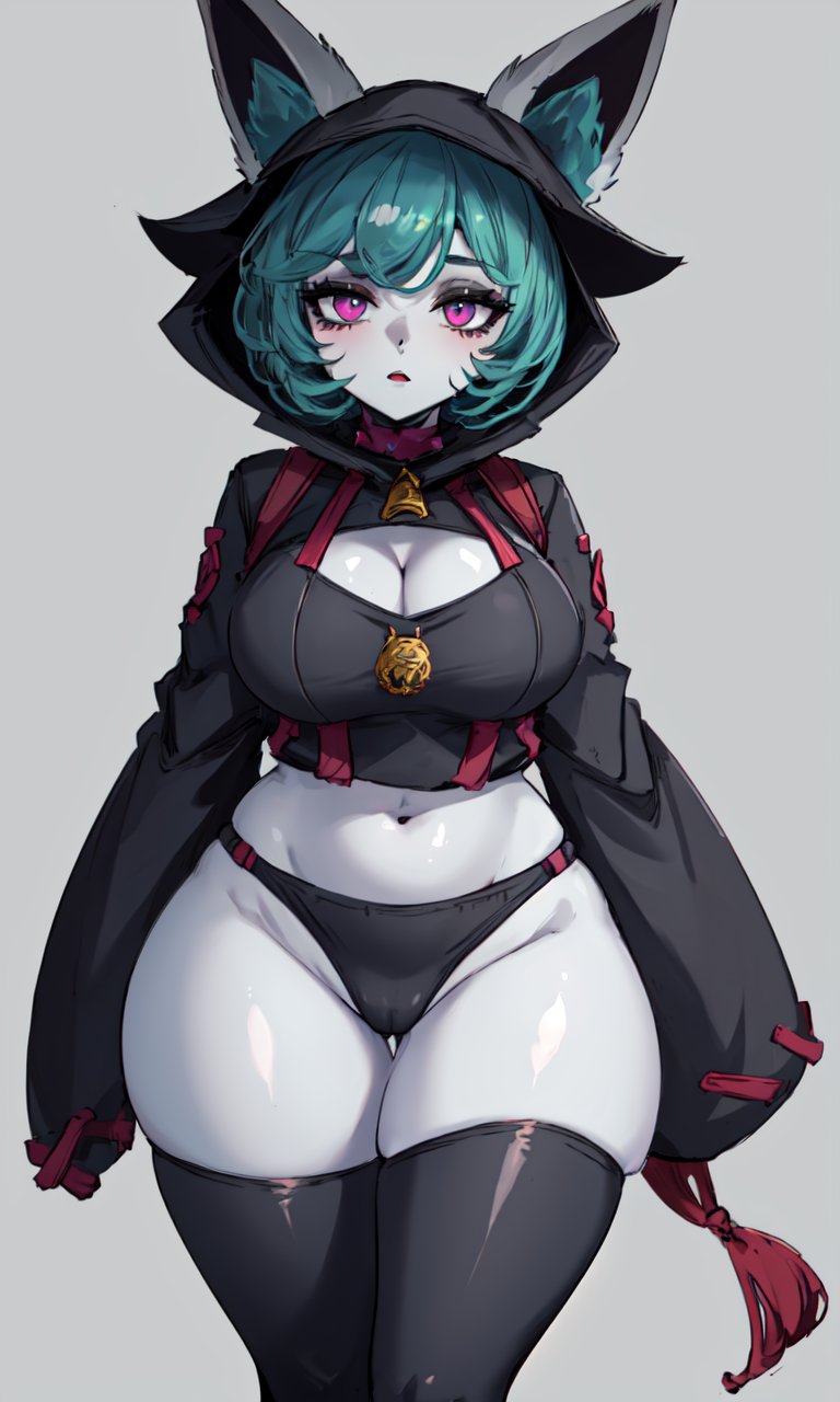 ai generated, black panties, blush, breasts, cameltoe, cleavage, female, green hair, hood, league of legends, long sleeves, medium breasts, panties, pink eyes, pussy, riot games, squish, stable diffusion, thick thighs, thighhighs, vex (league of legends), wide hips