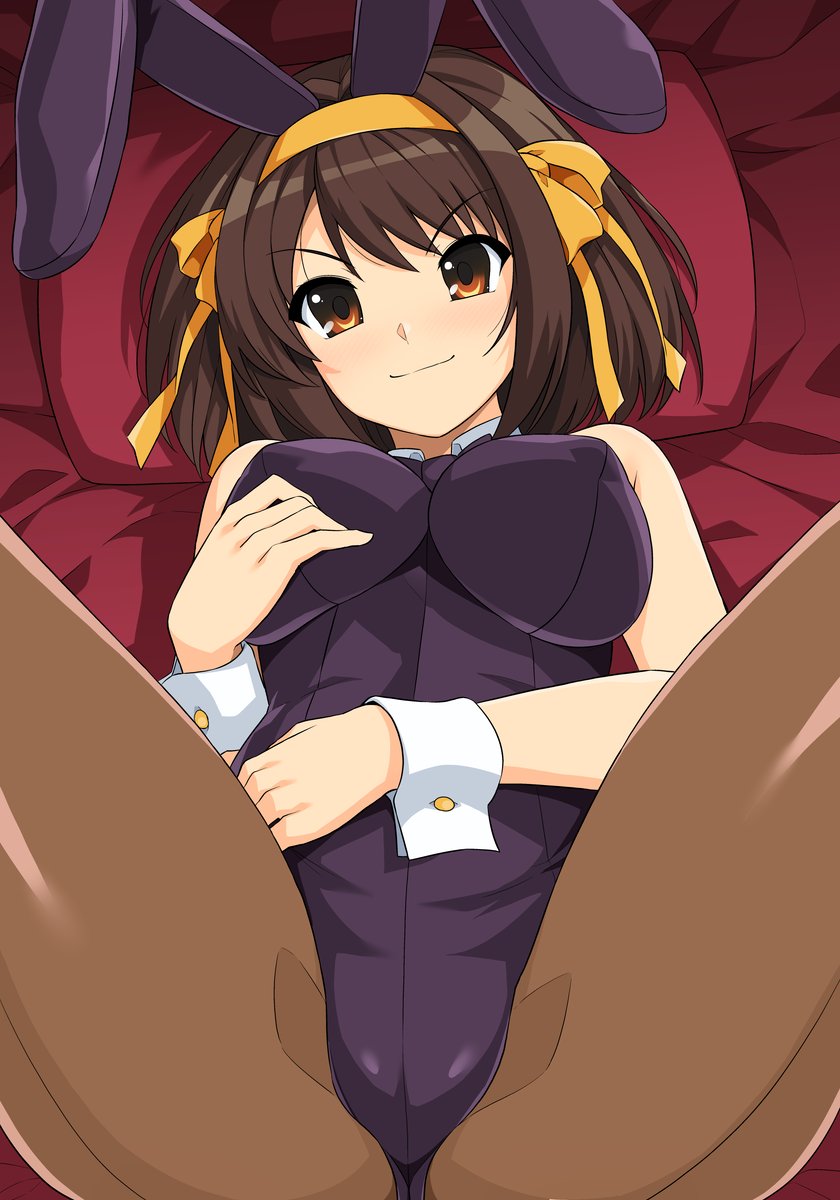 1girls, breasts, bunnysuit, clothing, fake animal ears, female, haruhisky, leotard, medium breasts, on back, pantyhose, solo, spread legs, suzumiya haruhi, suzumiya haruhi no yuuutsu, tagme