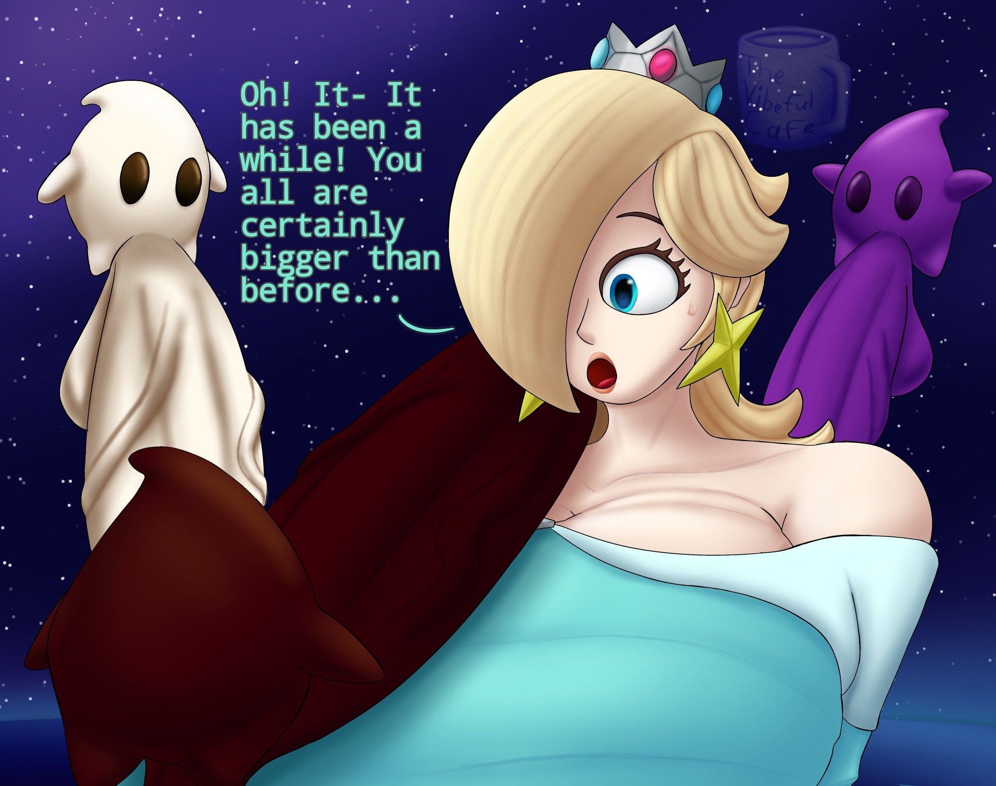 1girls, 3boys, ball with hyper features, big breasts, big penis, breasts, clothed, cock shock, english text, female, huge breasts, hyper penis, luma, male, mario (series), multiple penises, nintendo, penis, penis awe, polari, princess rosalina, size difference, small but hung, super mario galaxy, text, thevibefulcafe, uncensored