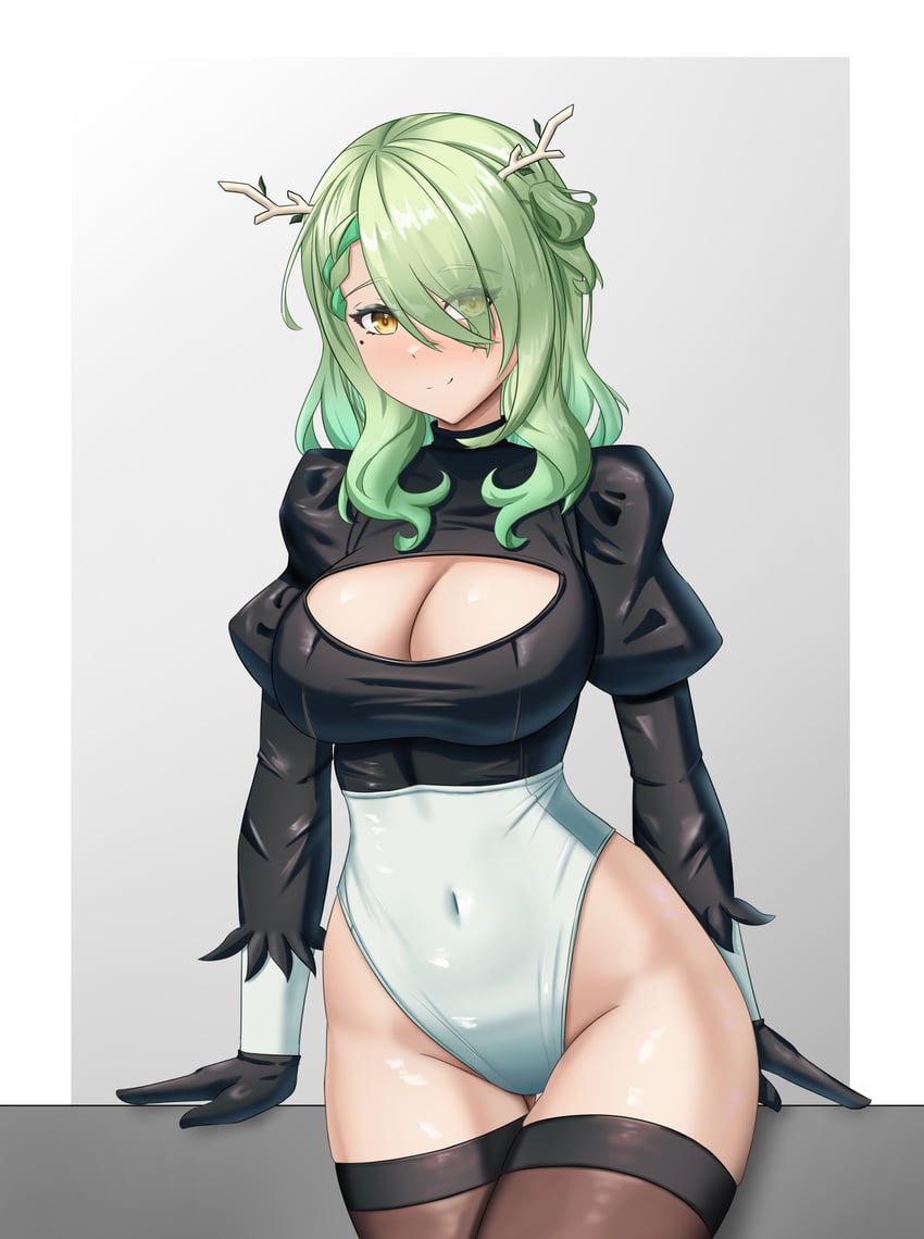 absurdres antlers azurecruiser black_gloves breasts ceres_fauna cleavage cleavage_cutout closed_mouth clothing_cutout cosplay covered_navel female gloves green_hair groin hair_over_one_eye highleg highleg_leotard highres hololive hololive_english hololive_english_-council- hololive_english_-promise- juliet_sleeves large_breasts leotard long_hair long_sleeves mole mole_under_eye nier:_automata puffy_sleeves smile solo thighhighs thighs virtual_youtuber yellow_eyes yorha_2b_(cosplay)