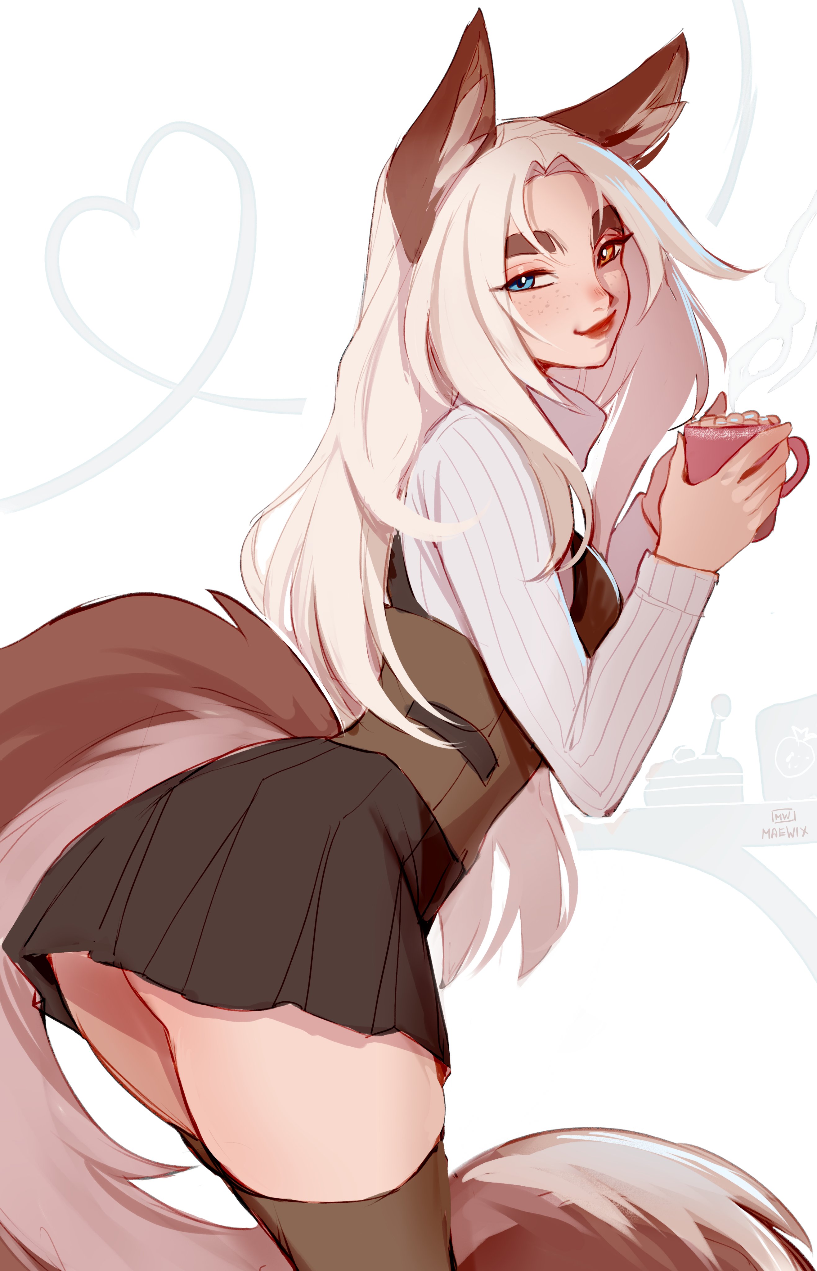 1girls, absurd res, blue eyes, cup, female, female only, fox ears, fox girl, fox tail, freckles, furry tail, heterochromia, holding cup, long hair, looking at viewer, losse (personalami), maewix1, orange eyes, skirt, smiling, smiling at viewer, solo, tail, thighhighs, white hair
