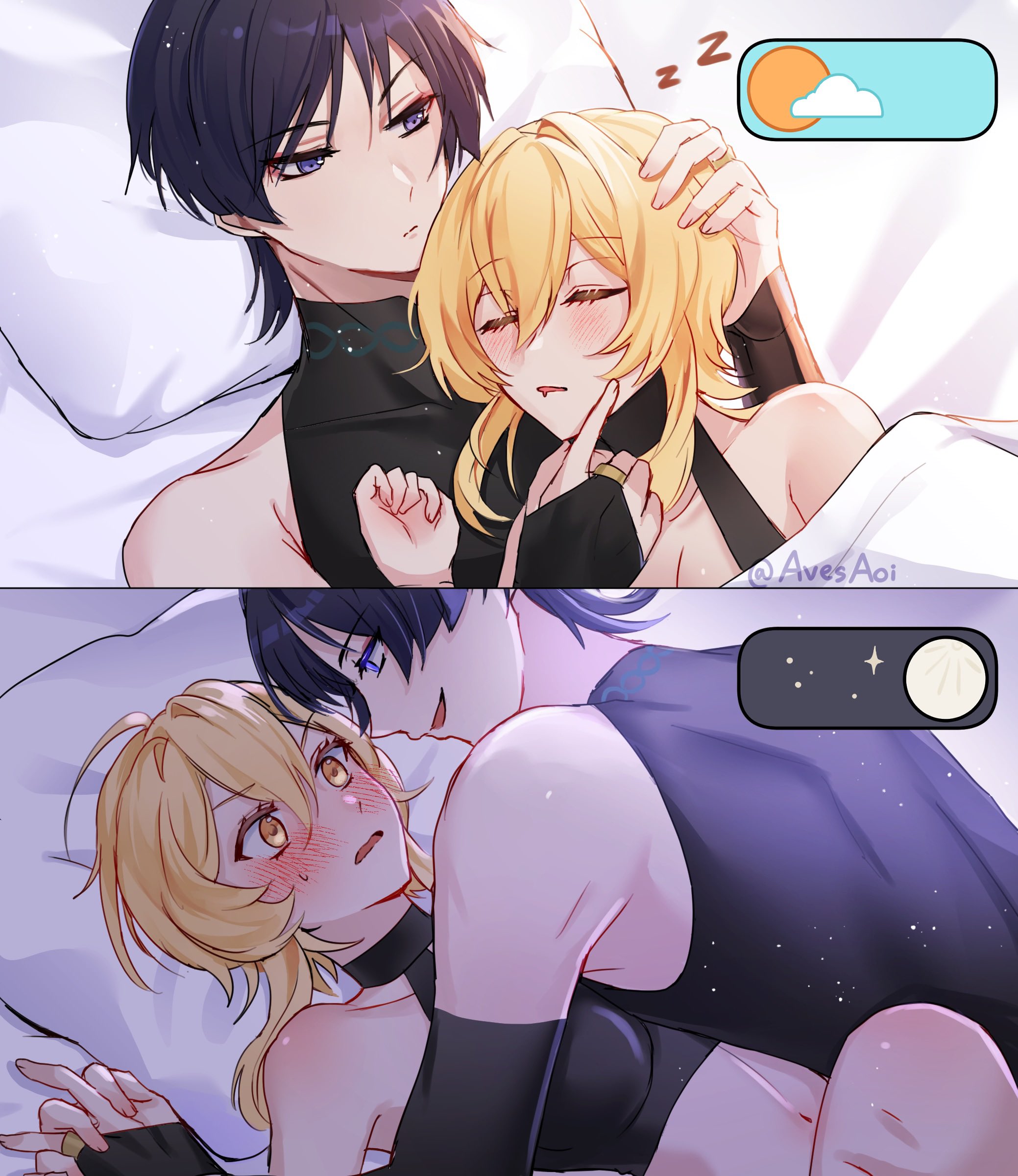 bed, blonde hair, blue eyes, blue hair, blush, cuddling, eye contact, female, fingers interlocked, genshin impact, hand on head, laying on back, laying on bed, looking at partner, lumine (genshin impact), male, male on top, missionary position, open mouth, scaramouche (genshin impact), seductive look, straight, yellow eyes