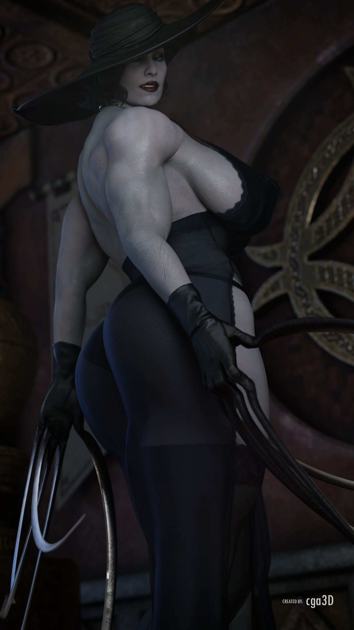 3d, 3d (artwork), alcina dimitrescu, alternate version available, ass, athletic, athletic female, big ass, big breasts, big butt, black hair, breasts, bubble butt, busty, capcom, cga3d, claws, cleavage, curvaceous, curvy, curvy body, curvy female, curvy figure, daz studio, daz3d, erotichris, female, gloves, hat, hourglass figure, huge breasts, large breasts, light skin, light-skinned female, lingerie, lipstick, mature female, milf, muscular, muscular female, pale skin, pale-skinned female, pose, posing, resident evil, resident evil 8: village, seductive, seductive look, see-through, see-through clothing, see-through dress, sensual, solo, stockings, thick, thick ass, thick thighs, thong, voluptuous, voluptuous female, wide hips, yellow eyes