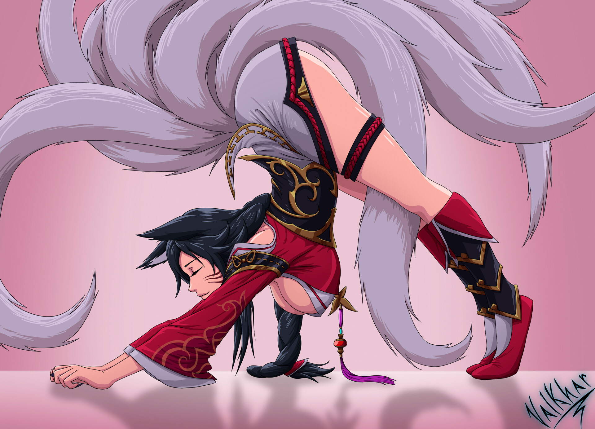 ahri, animal ear fluff, animal ears, animal girl, big breasts, black hair, breasts, busty, cleavage, clothing, curvaceous, curves, curvy, curvy body, curvy female, curvy figure, curvy hips, eyelashes, eyeliner, eyeshadow, facial markings, female, fluffy, fluffy ears, fluffy tail, fluffy tails, fox, fox ears, fox girl, fox tail, furry tail, hips, hourglass figure, humanoid, inner ear fluff, kemonomimi, kitsune, large breasts, league of legends, light skin, light-skinned female, long hair, multi tail, nine tailed fox, pale skin, pale-skinned female, pose, posing, riot games, tail, thick thighs, thighs, valkhar, vastaya, video games, voluptuous, yellow eyes