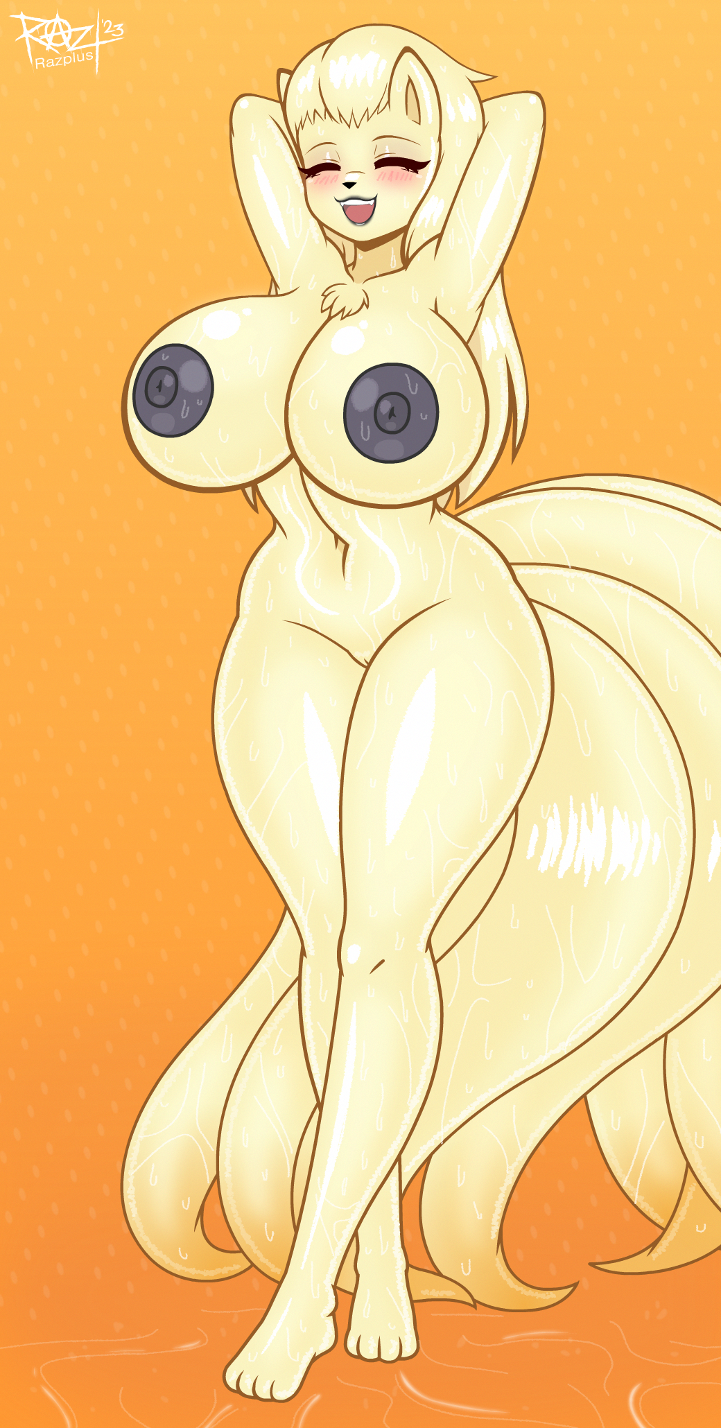 anthro barefoot blush breasts dark_nipples female full-length_portrait generation_1_pokemon genitals hi_res ninetales nintendo nipples pokemon pokemon_(species) portrait pussy razplus smile solo tail wet