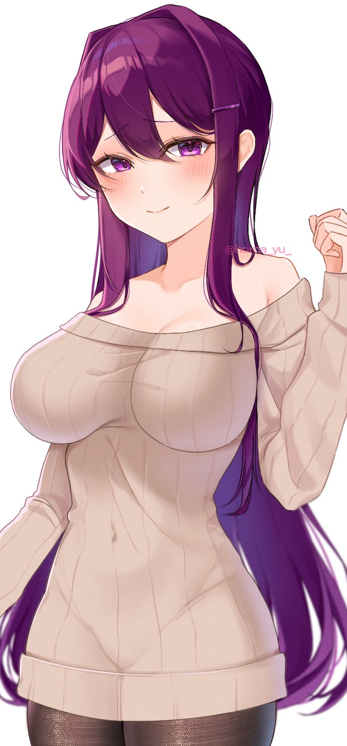 breasts, doki doki literature club, female, female only, homa yu , purple eyes, purple hair, solo, tagme, white skin, yuri (doki doki literature club)
