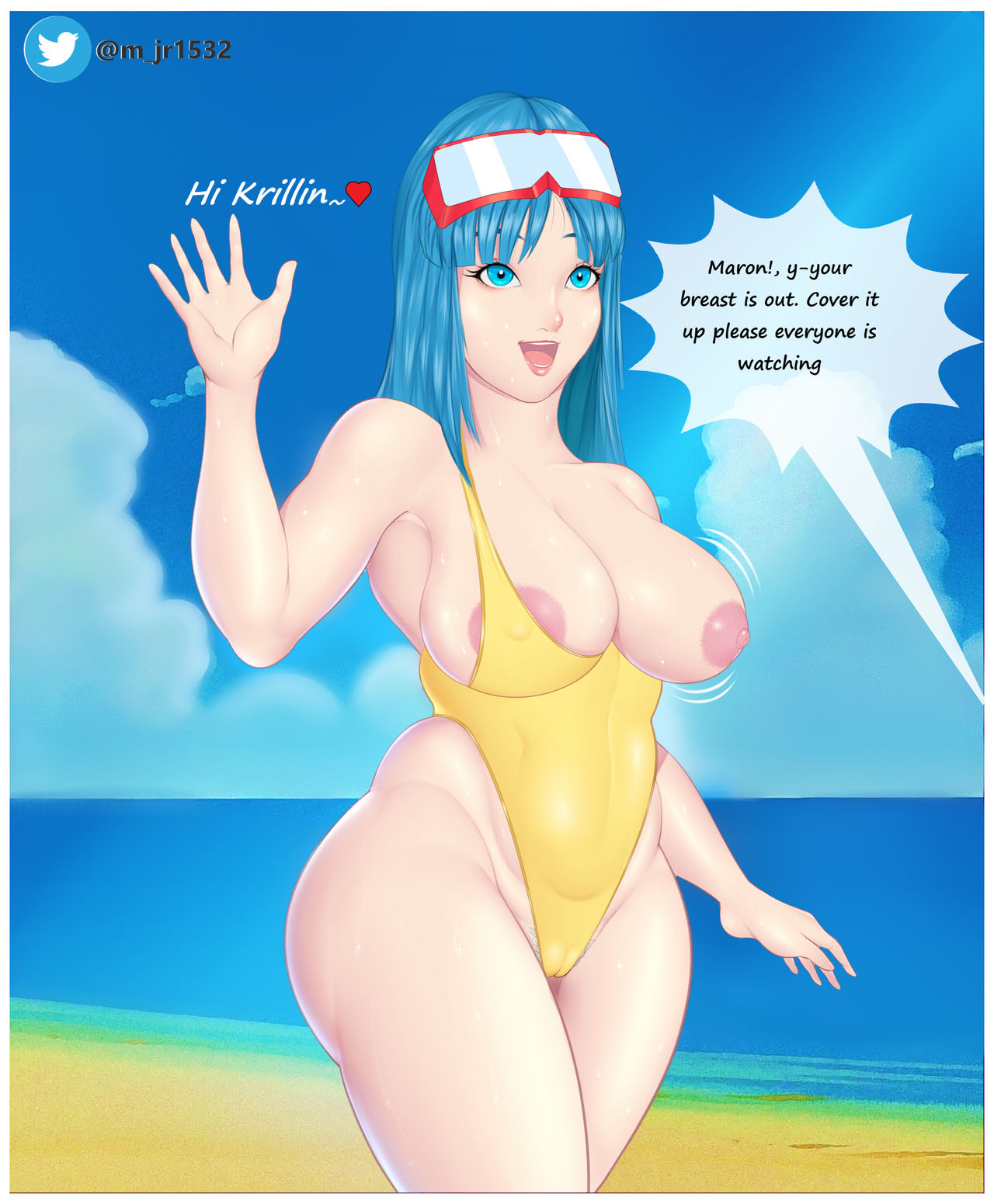 1girls accidental_exposure areola areolae areolae_slip bangs beach bimbo blue_eyes blue_hair blunt_bangs boob breast breasts cameltoe cloudy_sky curvy dialogue dragon_ball dragon_ball_z exposed_breast female heart highleg highleg_swimsuit hips light-skinned_female light_skin lips long_hair m_jr_art maron nipple oblivious one-piece_swimsuit one_breast_out pink_nipples pubic_hair smile solo standing thick_thighs tit unaware wardrobe_malfunction waving wide_hips yellow_swimsuit