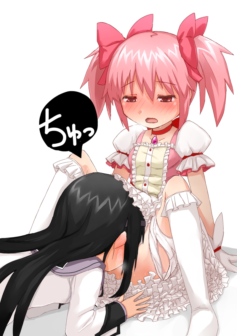 2girls, akemi homura, artist request, black hair, blush, blushing at viewer, breasts, cunnilingus, curvaceous, curvy, curvy body, curvy female, curvy figure, dress, female, human, human only, licking, licking lips, licking pussy, looking down, madoka kaname, magical girl, mahou shoujo madoka magica, medium breasts, medium hair, multiple females, multiple girls, oral, oral sex, puella magi madoka magica, pussy, ribbon, ribbons, simple background, spread legs, unseen female face, white background, wholesome, wholesome sex, young, yuri