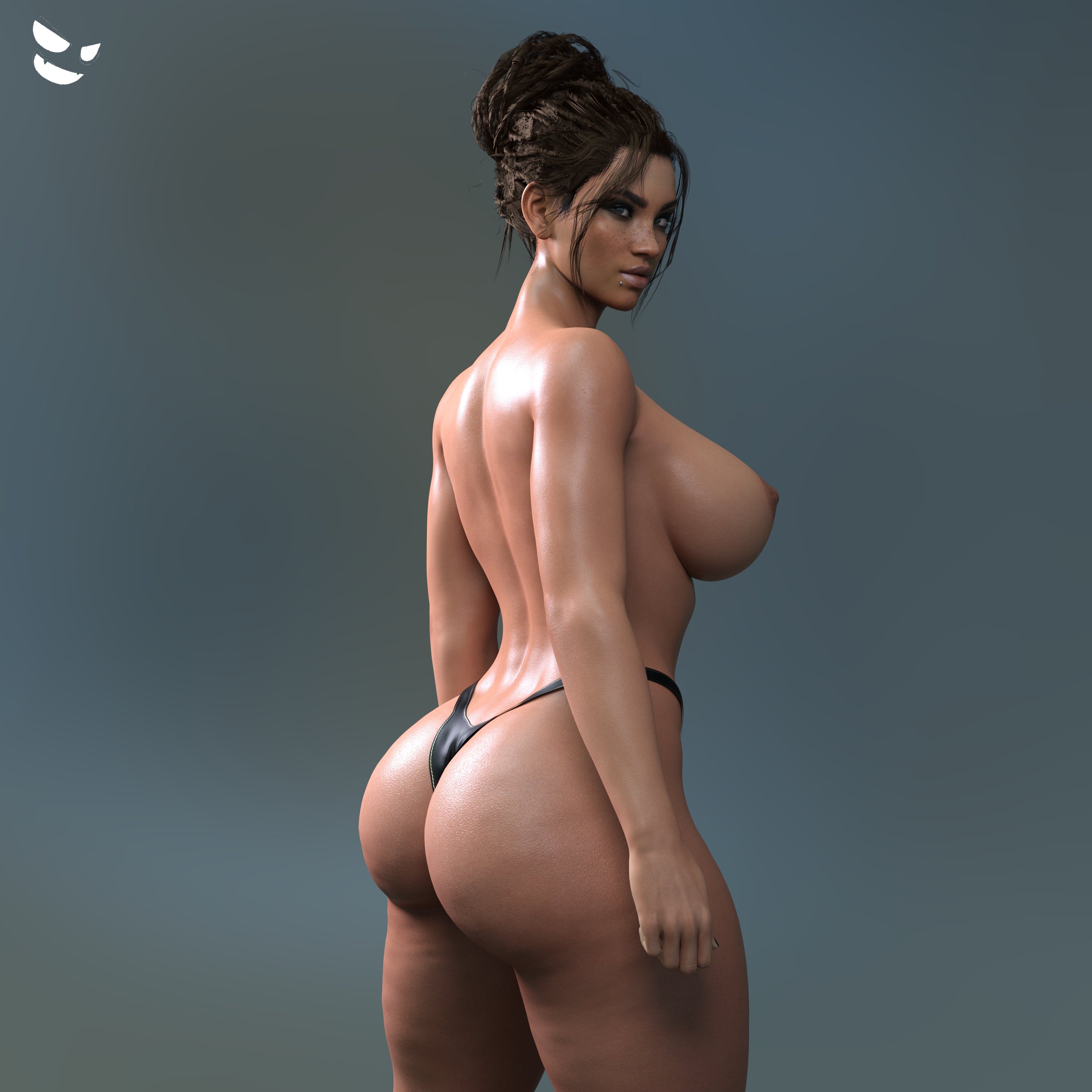 1girls, 3d, 3d (artwork), ass, big ass, big breasts, blue eyes, breasts, brown hair, cd projekt red, cyberpunk, cyberpunk 2077, female, female only, fit, fit female, freckles, gm studios, hair bun, large breasts, looking at viewer, nipples, panam palmer, panties, solo, standing, tagme, tattoo, thick thighs, thong, tied hair, topless, wide hips