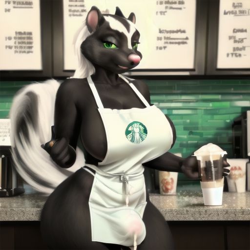 ai_generated anthro apron_only big_breasts black_body black_fur breasts bulge cum cum_in_cup fluffy fluffy_tail futanari green_eyes iced_latte_with_breast_milk iced_latte_with_dick_milk looking_at_viewer mammal over_the_hedge skunk starbucks stella_(over_the_hedge) tail white_fur wide_hips