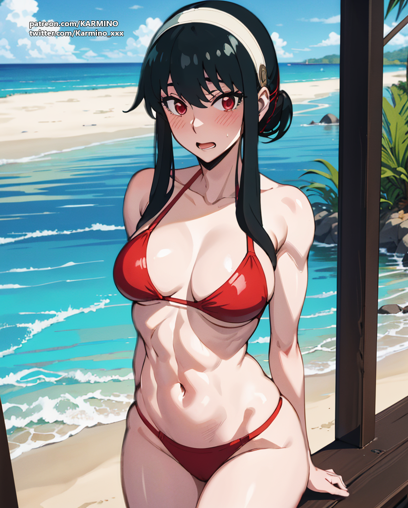 1girls ai_generated beach big_breasts bikini black_hair female fit_female karmino light-skinned_female light_skin red_eyes spy_x_family yor_briar yor_forger