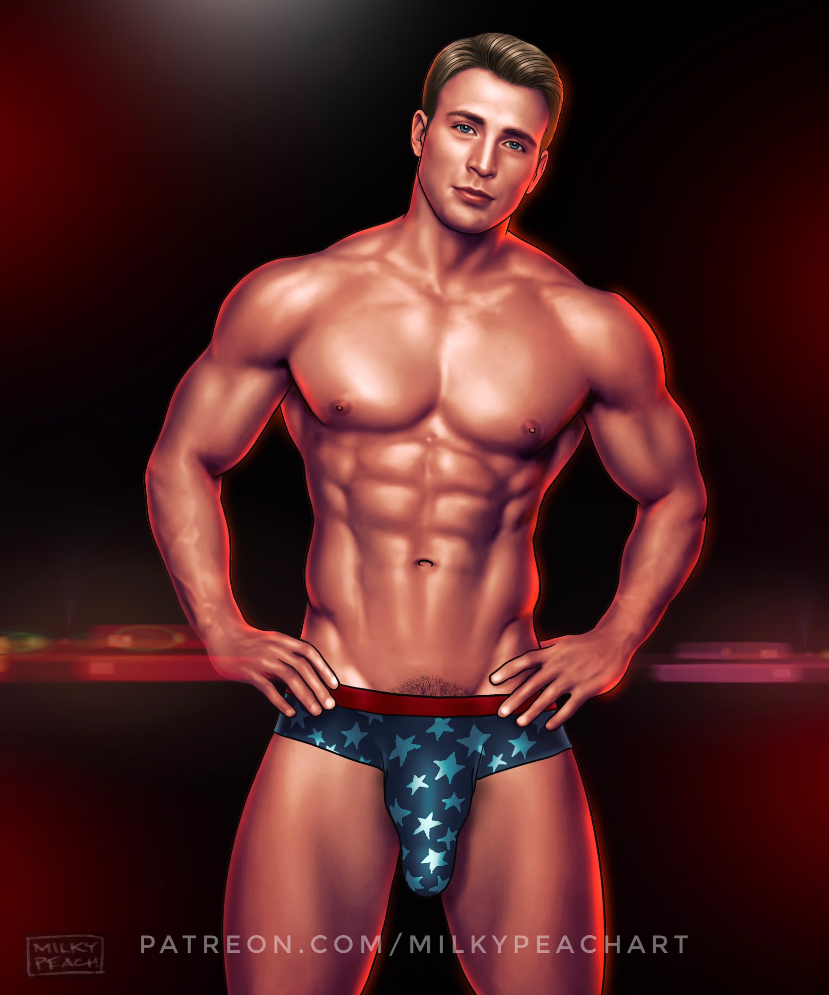 1boy, abs, actor, biceps, big bulge, big penis, bulge, captain america, captain america (series), celebrity, chris evans, hands on hips, huge bulge, huge cock, human, human only, in character, light skin, light-skinned male, looking at viewer, male, male only, marvel, marvel cinematic universe, marvel comics, milkypeach232, muscular, muscular male, pecs, penis, solo, solo male, steve rogers, thick thighs, underwear, underwear only